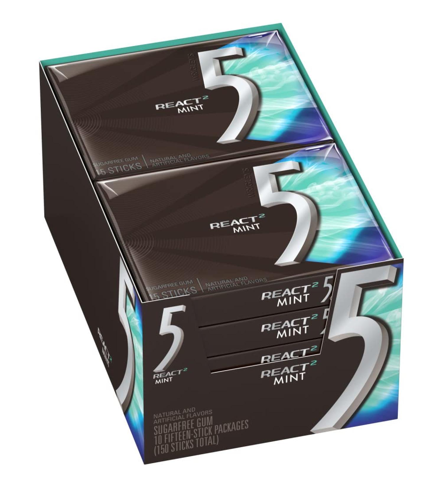 5 Gum React Mint Sugarfree Gum, 10 Packs (150 Pieces Total)