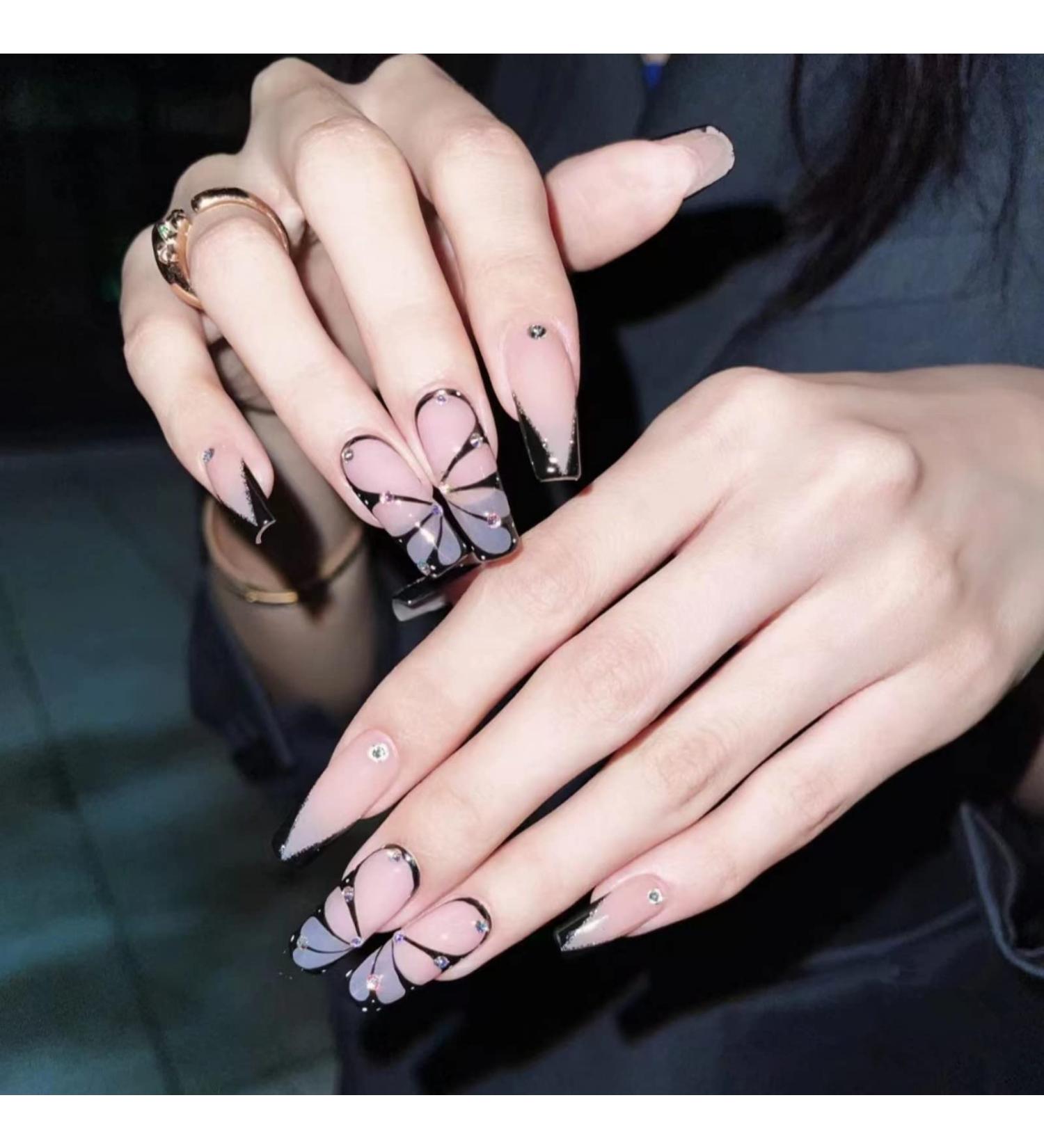 Justotry 24-Piece Black Butterfly Coffin Nails - Elegant Press-On Ballerina Nails with Jewels for Women - Buy Online on GoSupps.com