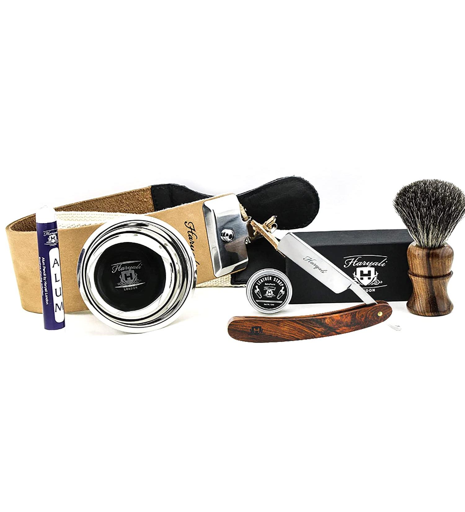 Premium 6pc Straight Razor Shaving Kit | Wooden Cut Throat Razor Badger Brush Leather Strop & More - International Shipping - Buy Online on GoSupps.com