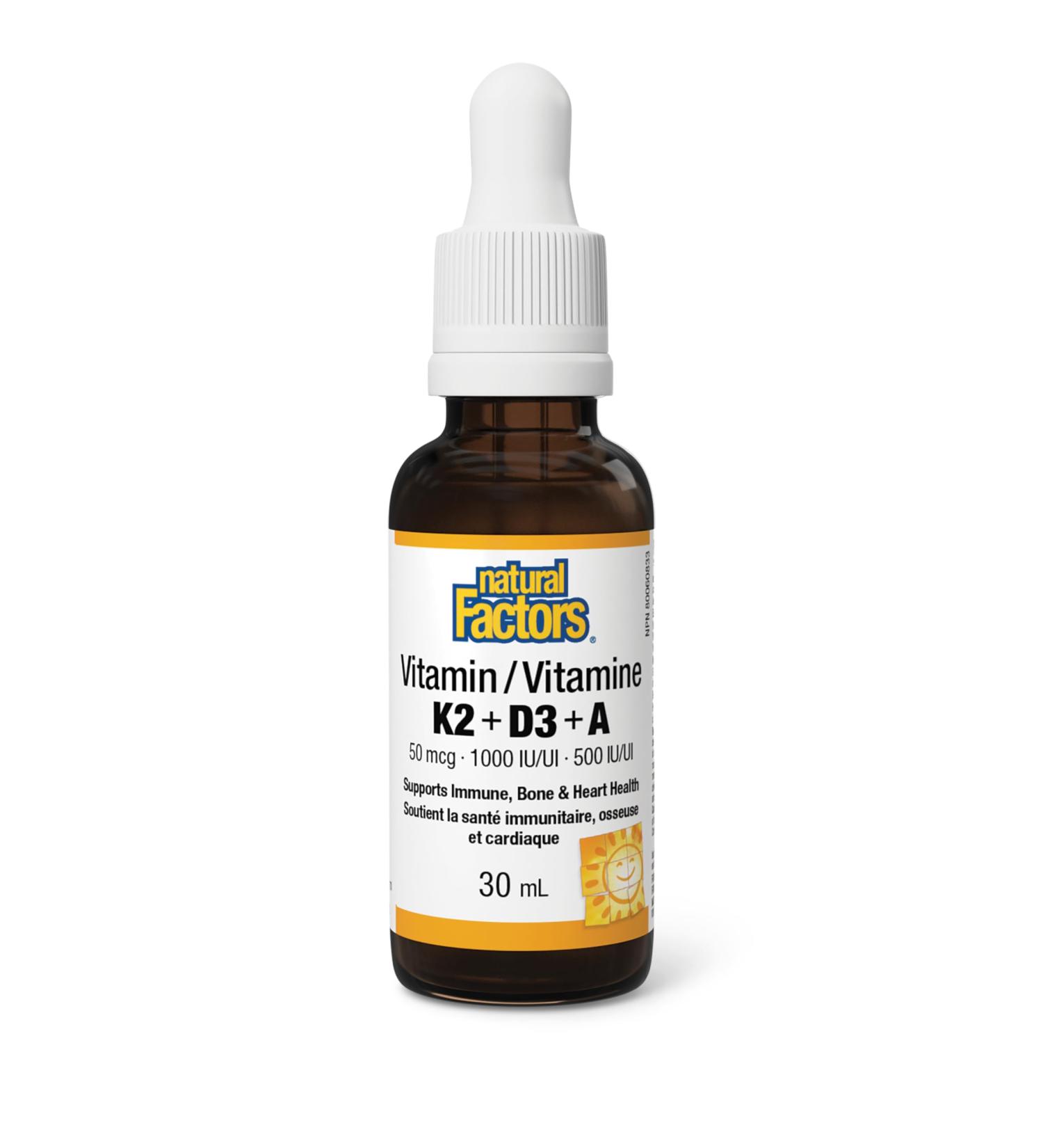 Natural Factors Vitamin K2 + D3 + A liquid drops 30ml Easy-to-Take Liquid 120 Doses per Bottle 50mcg/1000iu/500iu Supports Immune Health Bone & Teeth Health Vegetarian - Buy Online on GoSupps.com