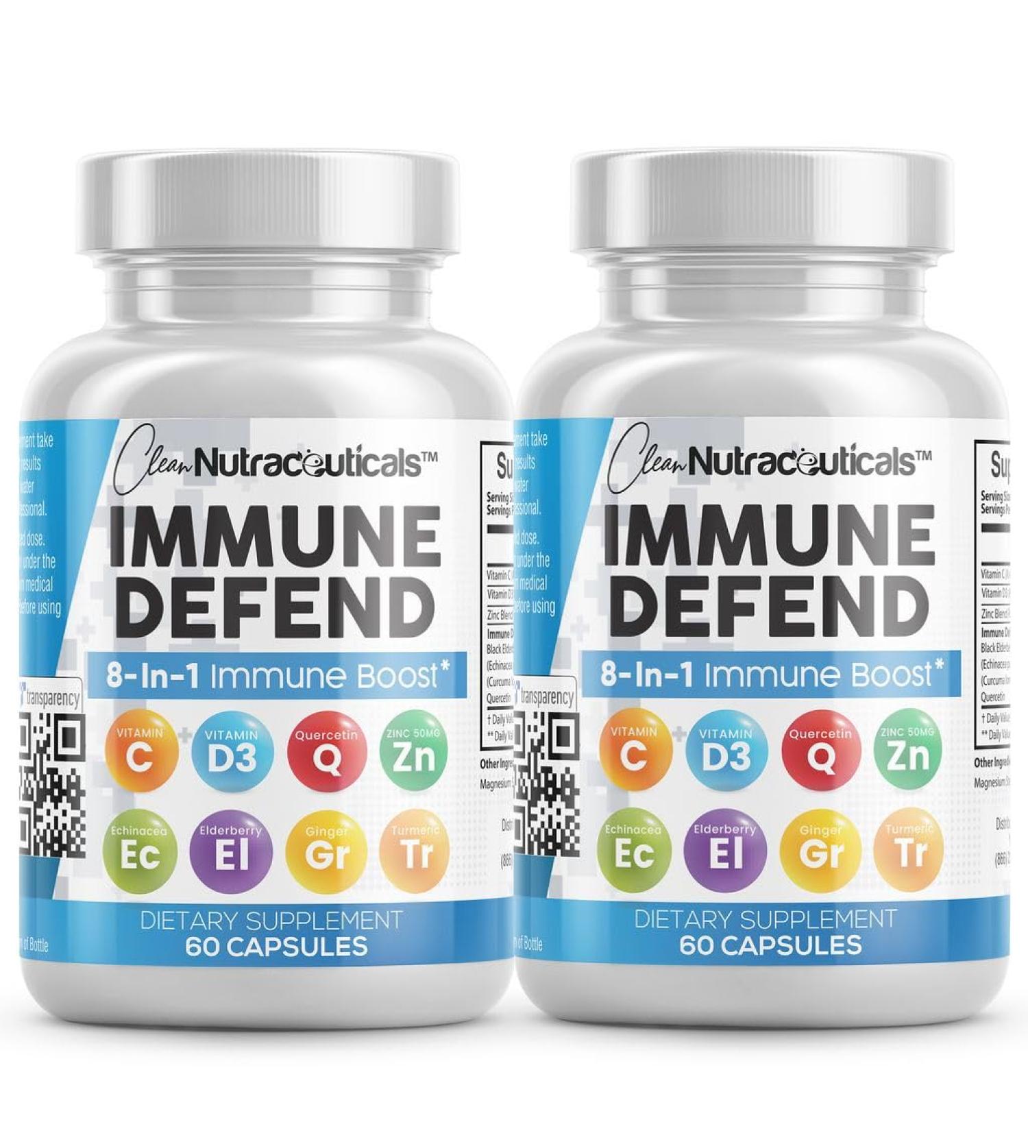 Immune Defense Support Supplement 8 in 1 w/ Zinc 50mg Quercetin Vit C 1000mg Vitamin D3 5000 IU Elderberry Turmeric Curcumin Ginger Echinacea - Immunity System Booster Adults Vegan - 60Ct (2) - Buy Online on GoSupps.com