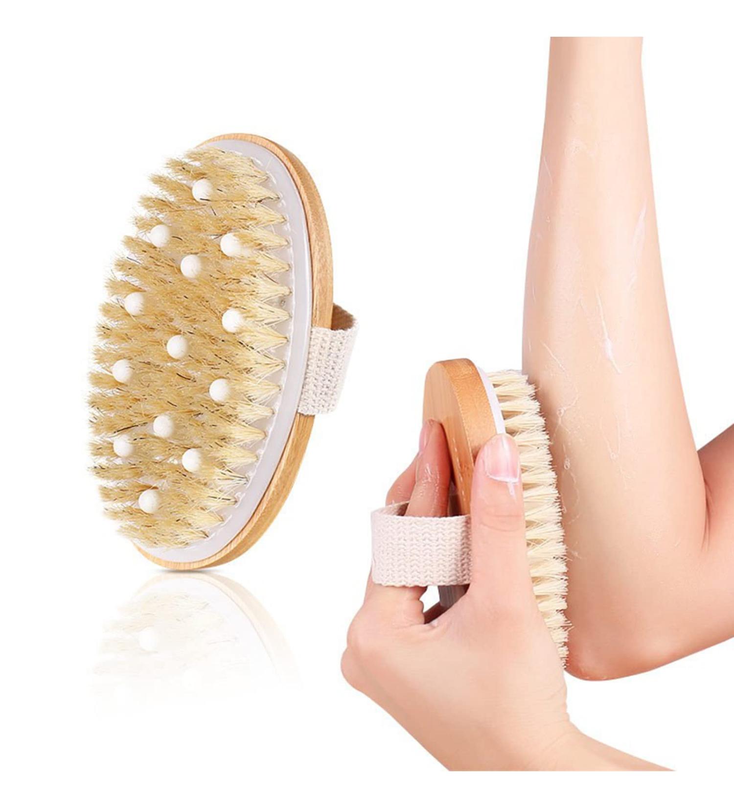 Body Scrubber Dry Brushing Shower Bath Brush - Exfoliate, Improve Circulation, Reduce Cellulite - Natural Bristles & Exfoliating Sponge - Buy Online on GoSupps.com