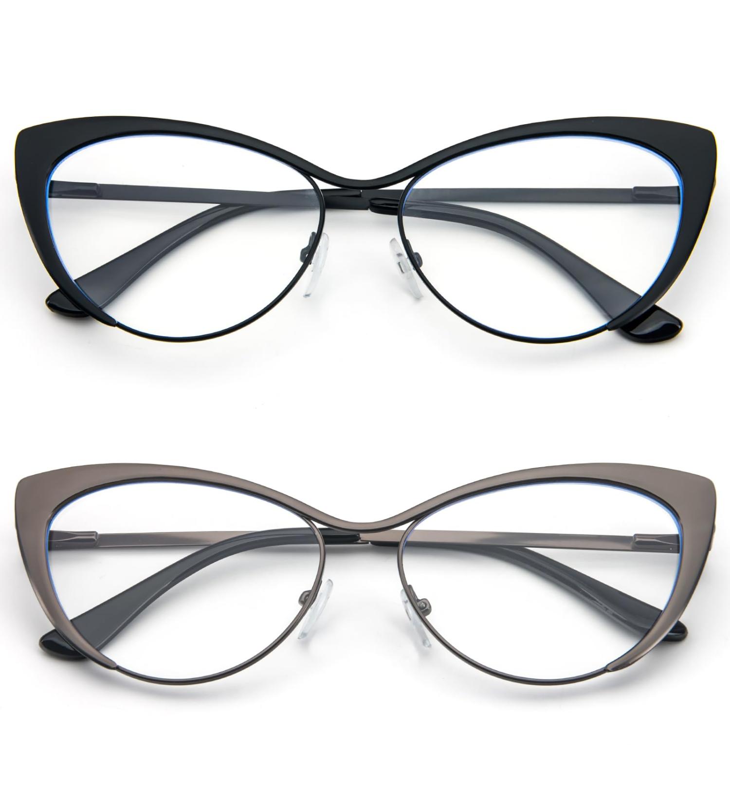 Kokobin Cat Eyes Reading Glasses - 2 Pack Metal Frame Anti-Blue Light Spring Hinge - Stylish Reading Glasses for Men & Women (Black & Gray) - 2 Diopters - Buy Online on GoSupps.com