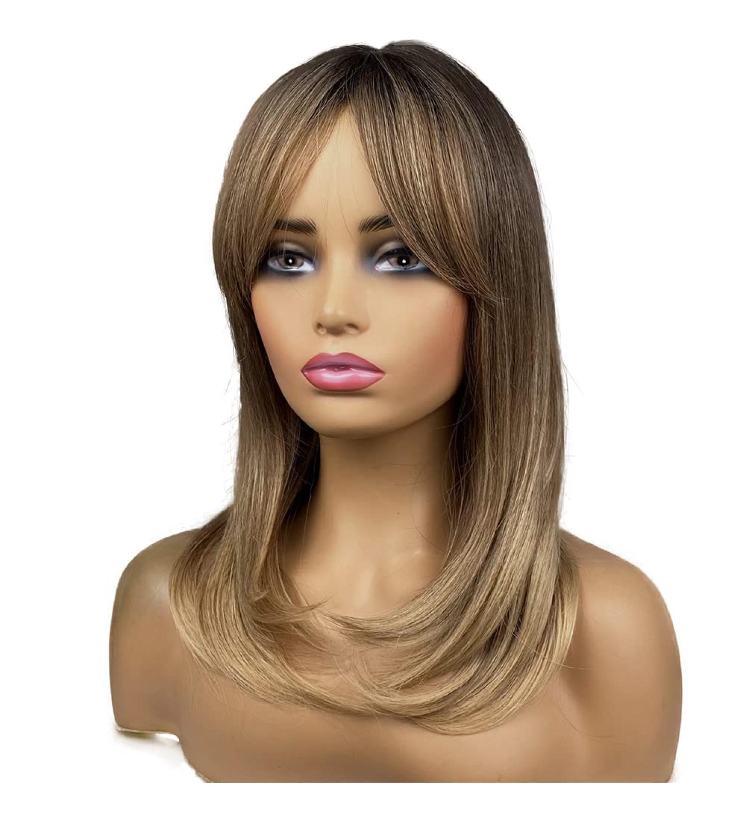 MIMISERVICE 20 Inch Light Brown Synthetic Wig for Daily Party - Layered Shoulder Length Brown Wig with Bangs for Women - Buy Online on GoSupps.com