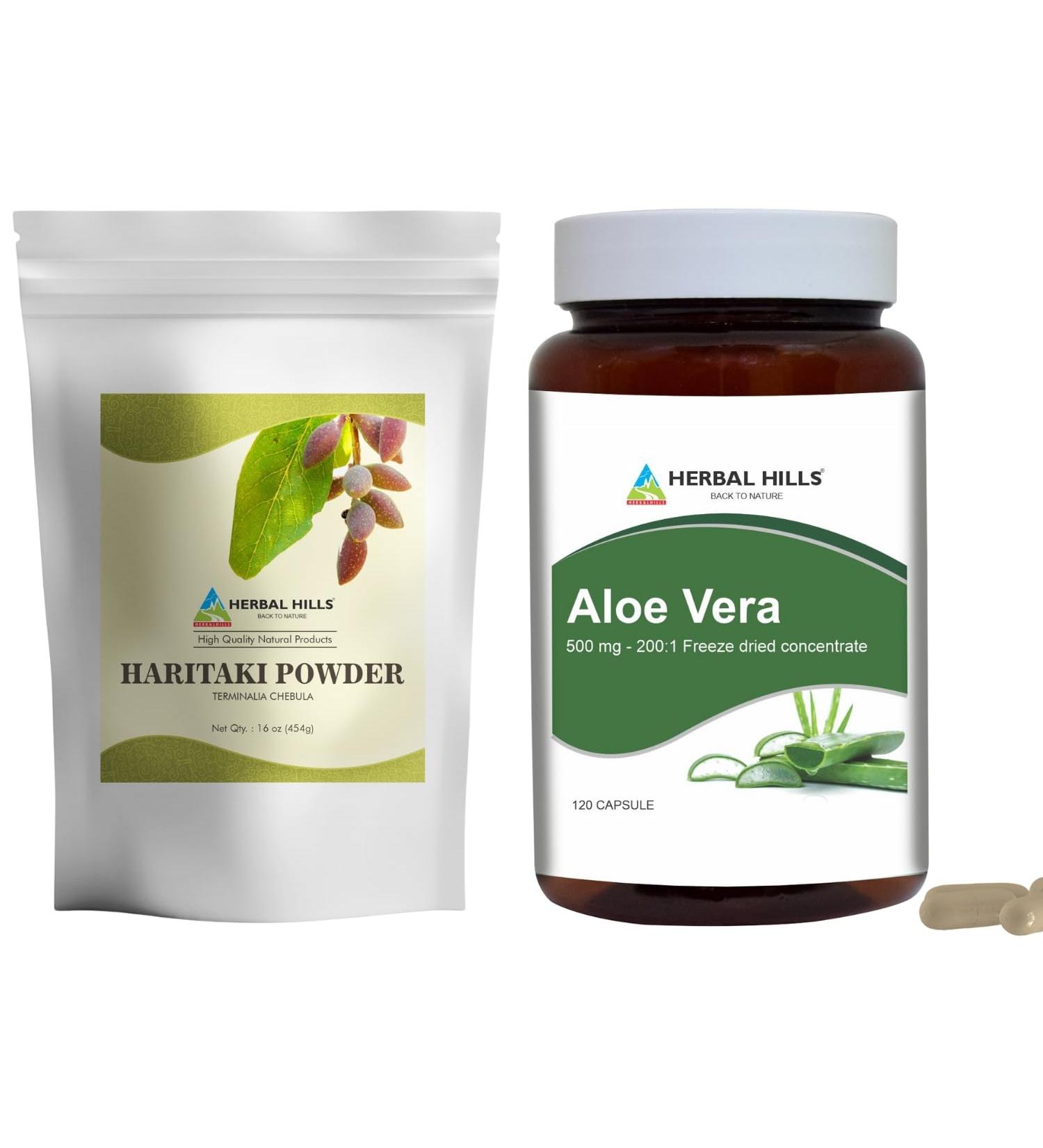 HERBAL HILLS Haritaki Fruit Powder and Aloe Vera Capsules Freeze Dried Pack of 2 Combo - Buy Online on GoSupps.com