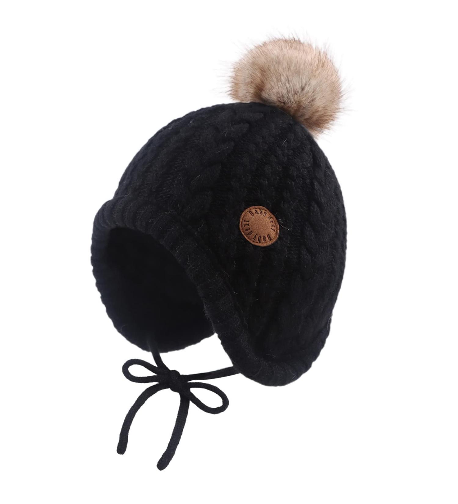 XIAOHAWANG Winter Baby Hat | Velvet Lined Toddler Beanie with Earflaps | Warm Infant Hat with Pompom for Girls | 0-6 Months | Black - Buy Online on GoSupps.com