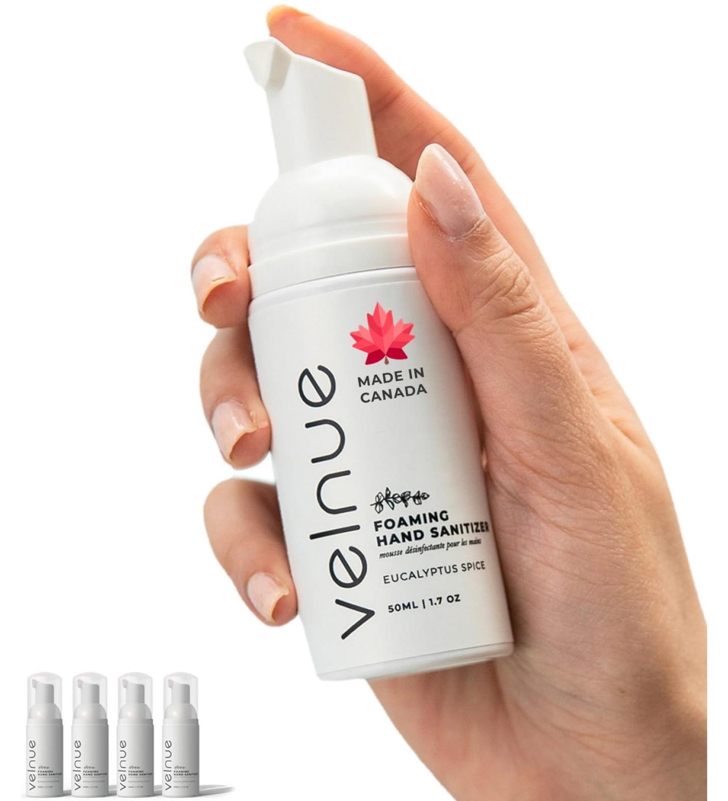 VELNUE Foaming Hand Sanitizer Travel Size | Made in Canada with Moisturizing Aloe 70% Ethyl Alcohol Vitamin E and Essential Oils | 50mL Eucalyptus Spice - 4 Pack Eucalyptus Spice 50 ml (Pack of 4) - Buy Online on GoSupps.com