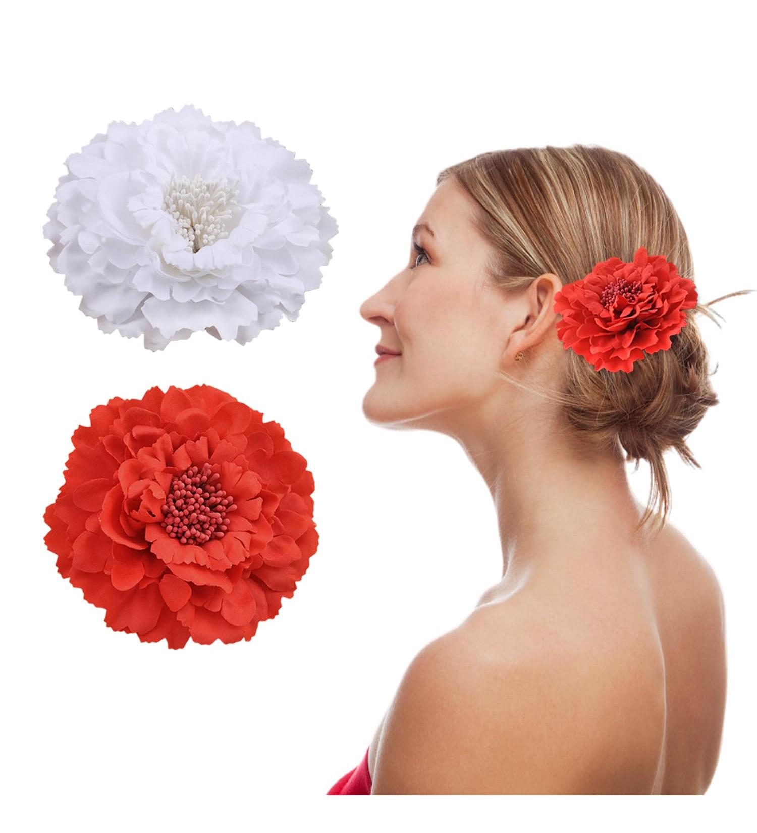2 Pieces of Hair Clips Peony Flower Hair Clips Women's Hair Clips Flower Hair Accessories Red Flower Crocodile Clips Women's Hair Jewelry Chiffon Petal Hair Clips (Red Off-White) - Buy Online on GoSupps.com