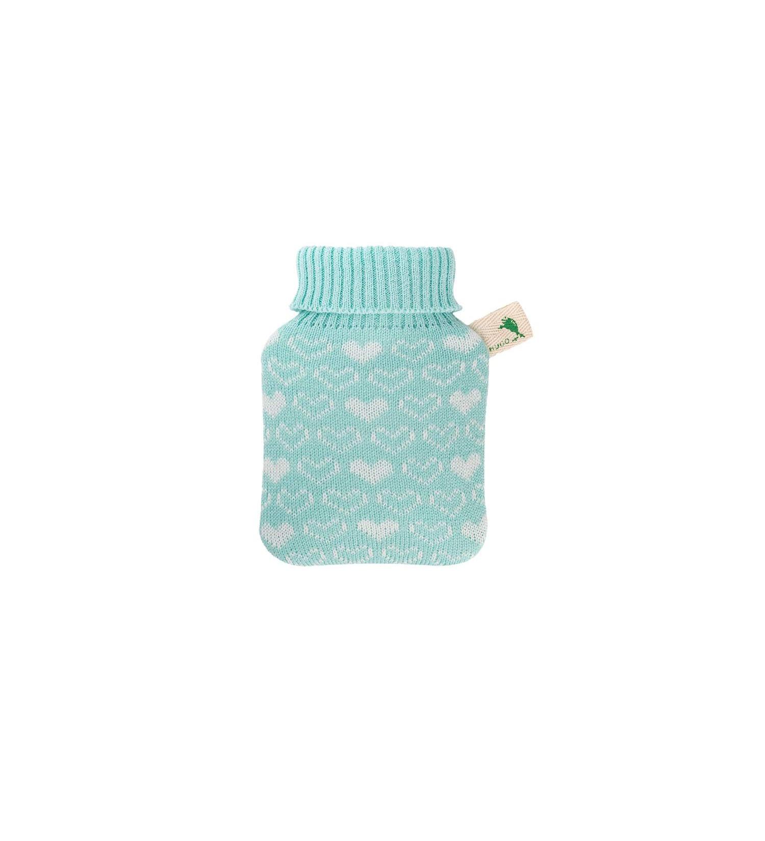Hugo Frosch Mini Hot Water Bottle 0.2L | Knitted Cover Mint Hearts | Eco-Friendly & Perfect for Comfort - Buy Online on GoSupps.com