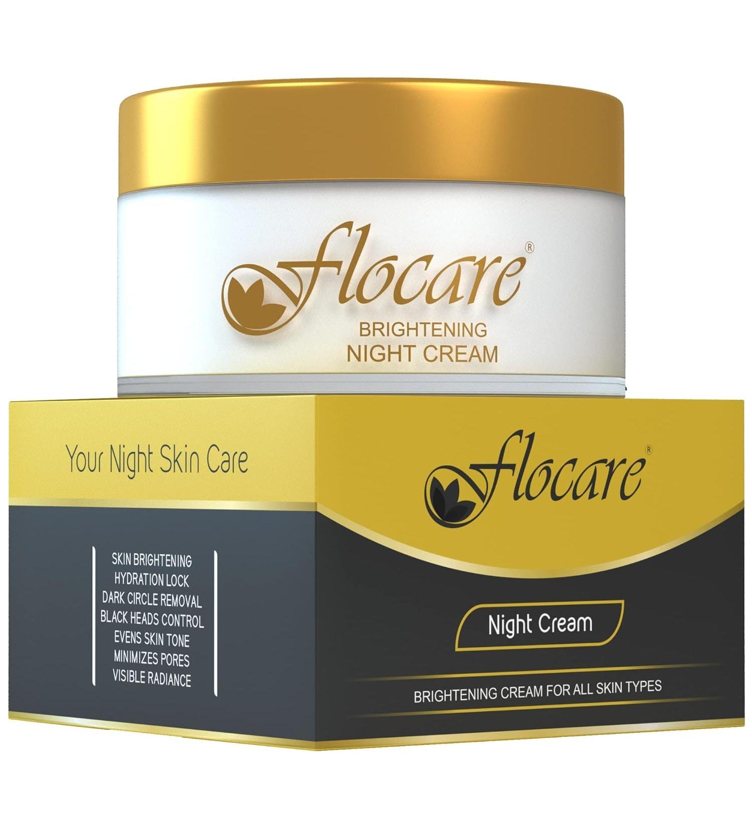 Flocare Skin Brightening Night Moisturising Cream. Deep Hydration Radiant & Glowing Skin with even Skin Tone. Vitamin C E Olive Oil Mulberry Extract & Green Tea Extract Enriched. 50 g - Buy Online on GoSupps.com