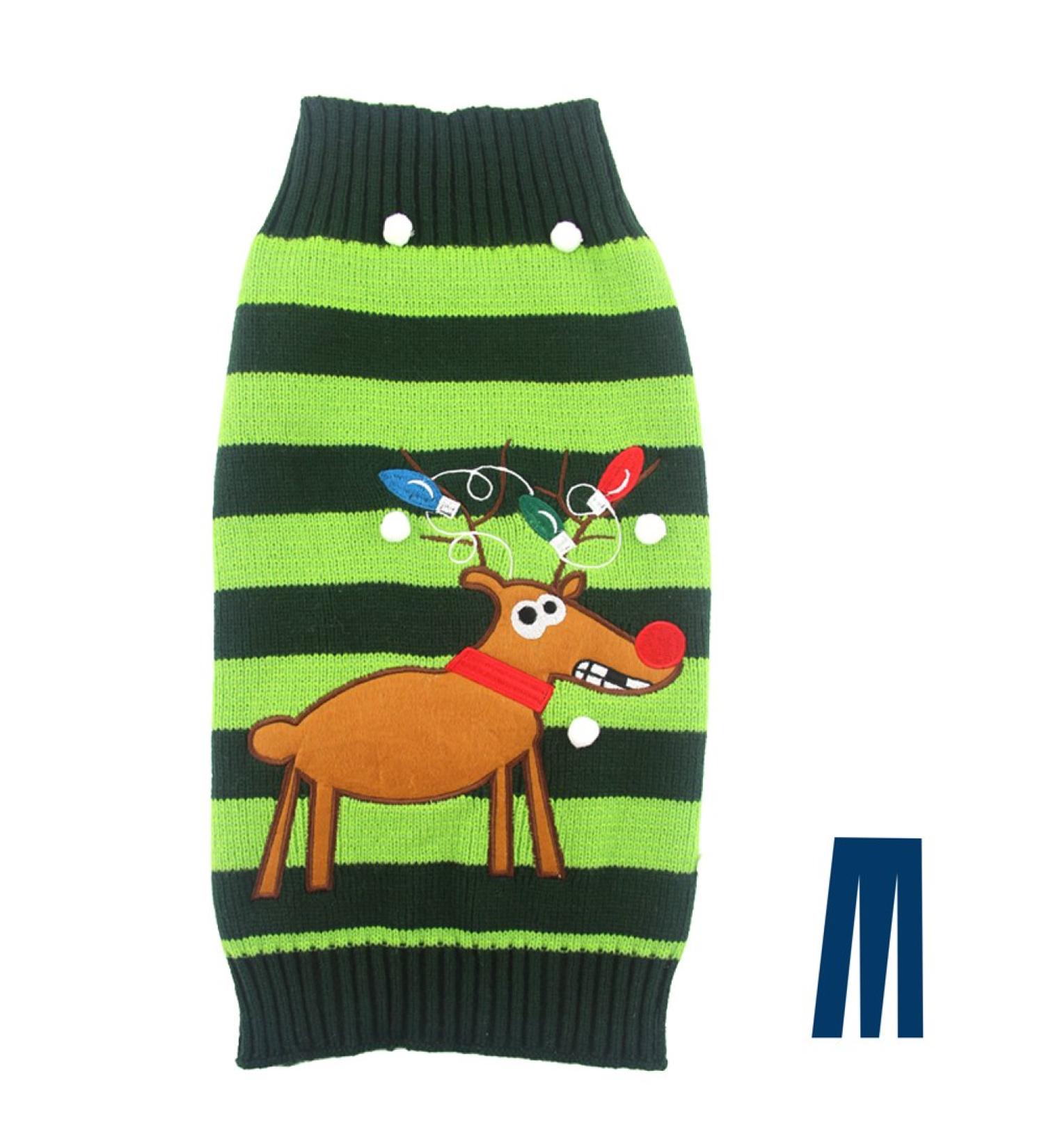 Mikayoo Pet Ugly Christmas Sweater for Small Dog/Cat - Horizontal Stripes, Elk & Reindeer Series - XL Green - Buy Online on GoSupps.com
