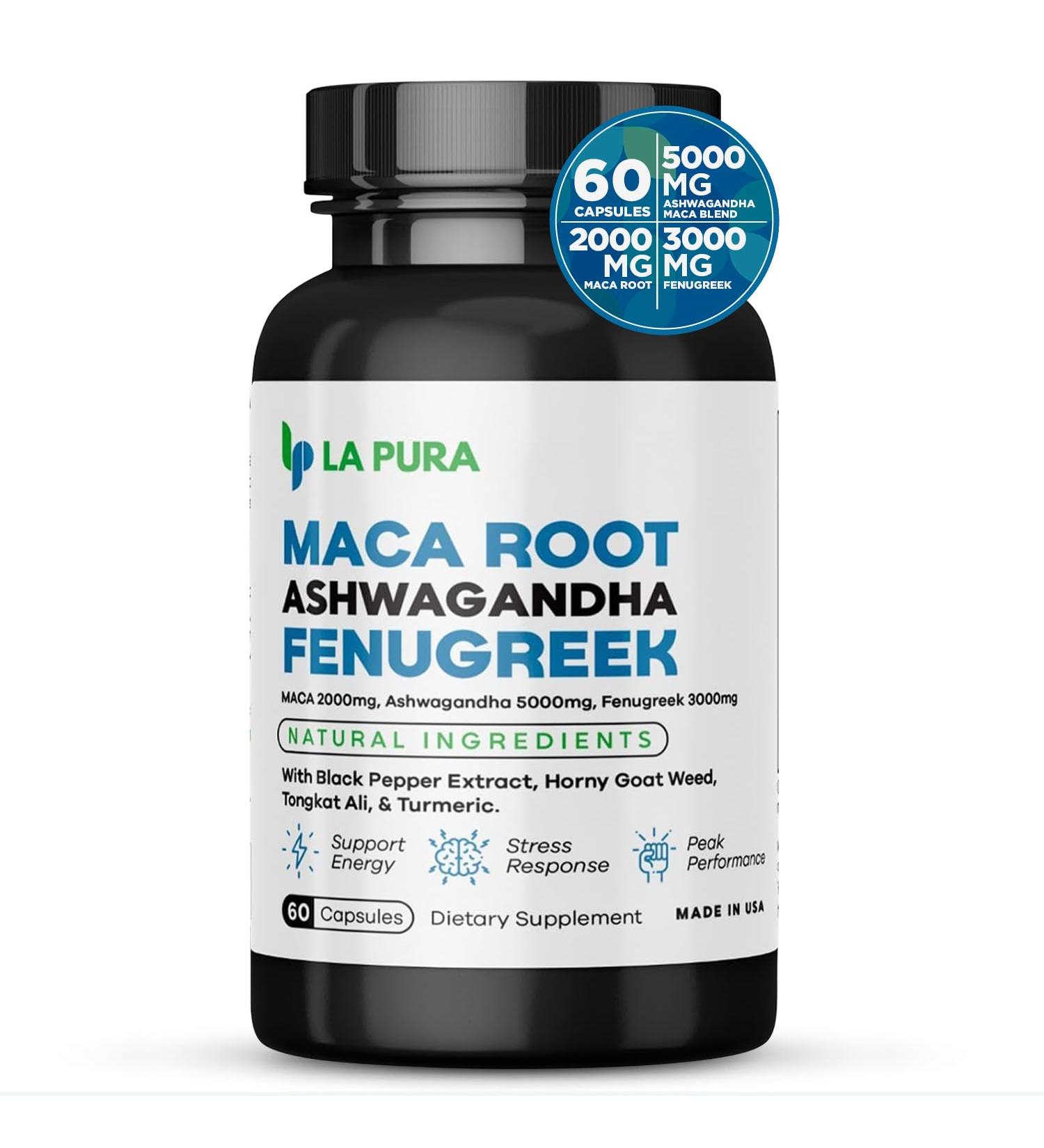 LaPura Ashwagandha 5000mg Maca Root 2000mg Fenugreek 3000mg Supplement - 60 Capsules - USA Made - Buy Online on GoSupps.com