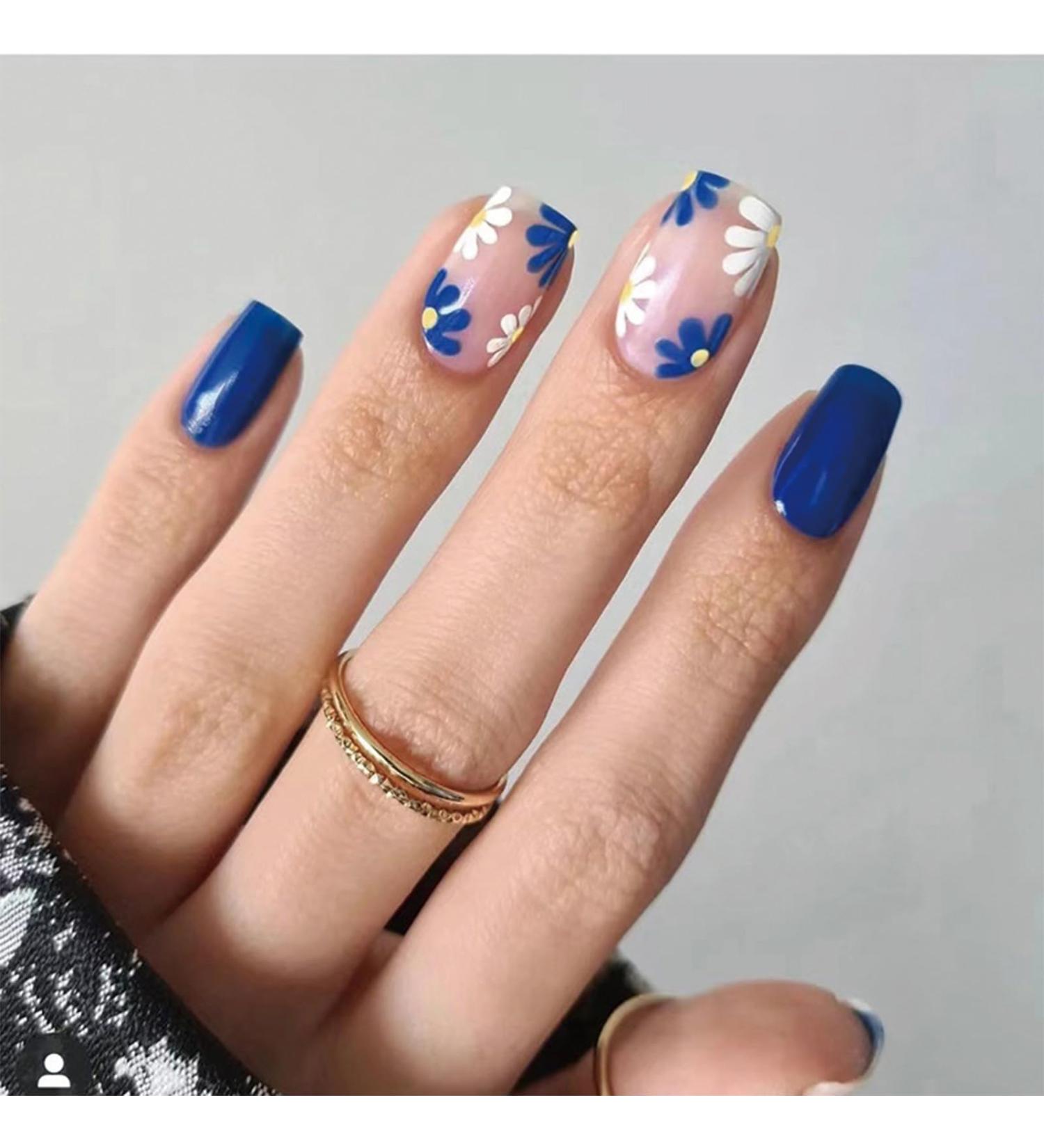 24pcs Short Blue Stick on Floral False Nails | Removable Glue-on Fake Nails - Nail Art Accessories for Women and Girls - Buy Online on GoSupps.com