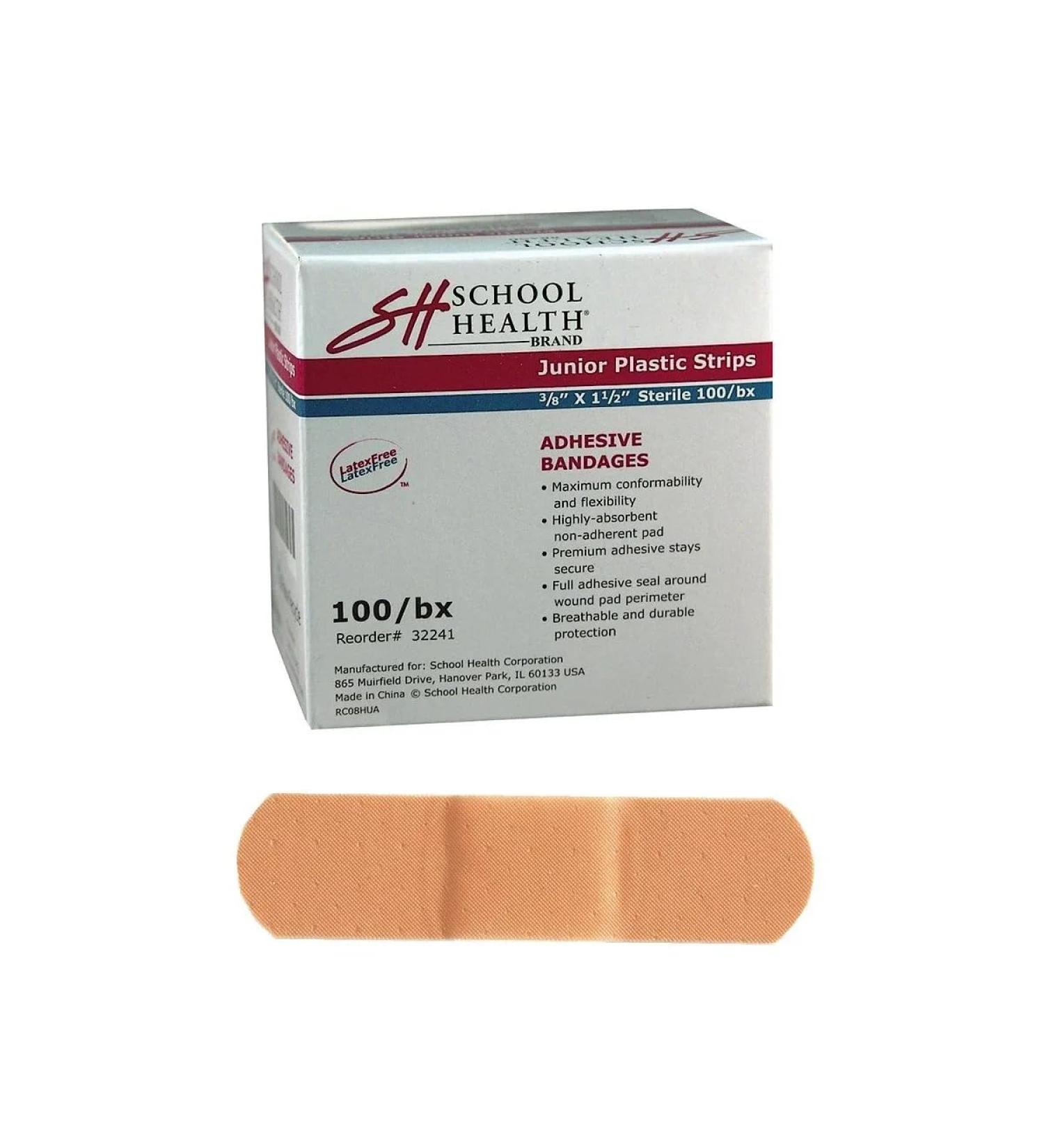 School Health - Adhesive Bandages Comfortable Form-Fitting Protection & Wound Care for Cuts and Scrapes Premium Adhesive Stays Secure with Movement Junior Plastic Bandages - 3/8" x 1-1/2" 100/Box