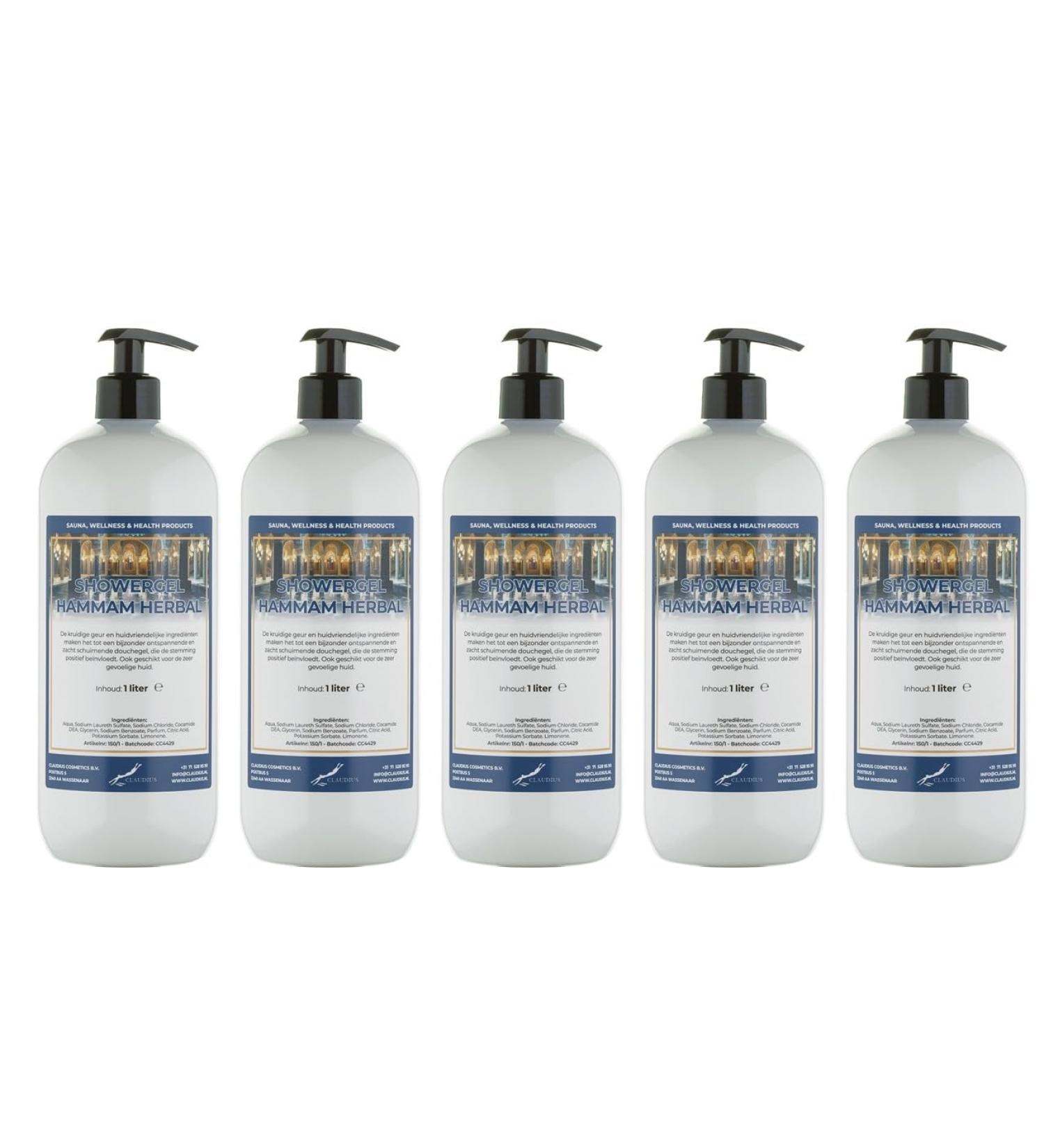 Claudius Showergel Hammam Herbal 5 x 1 liter with 5 pumps white