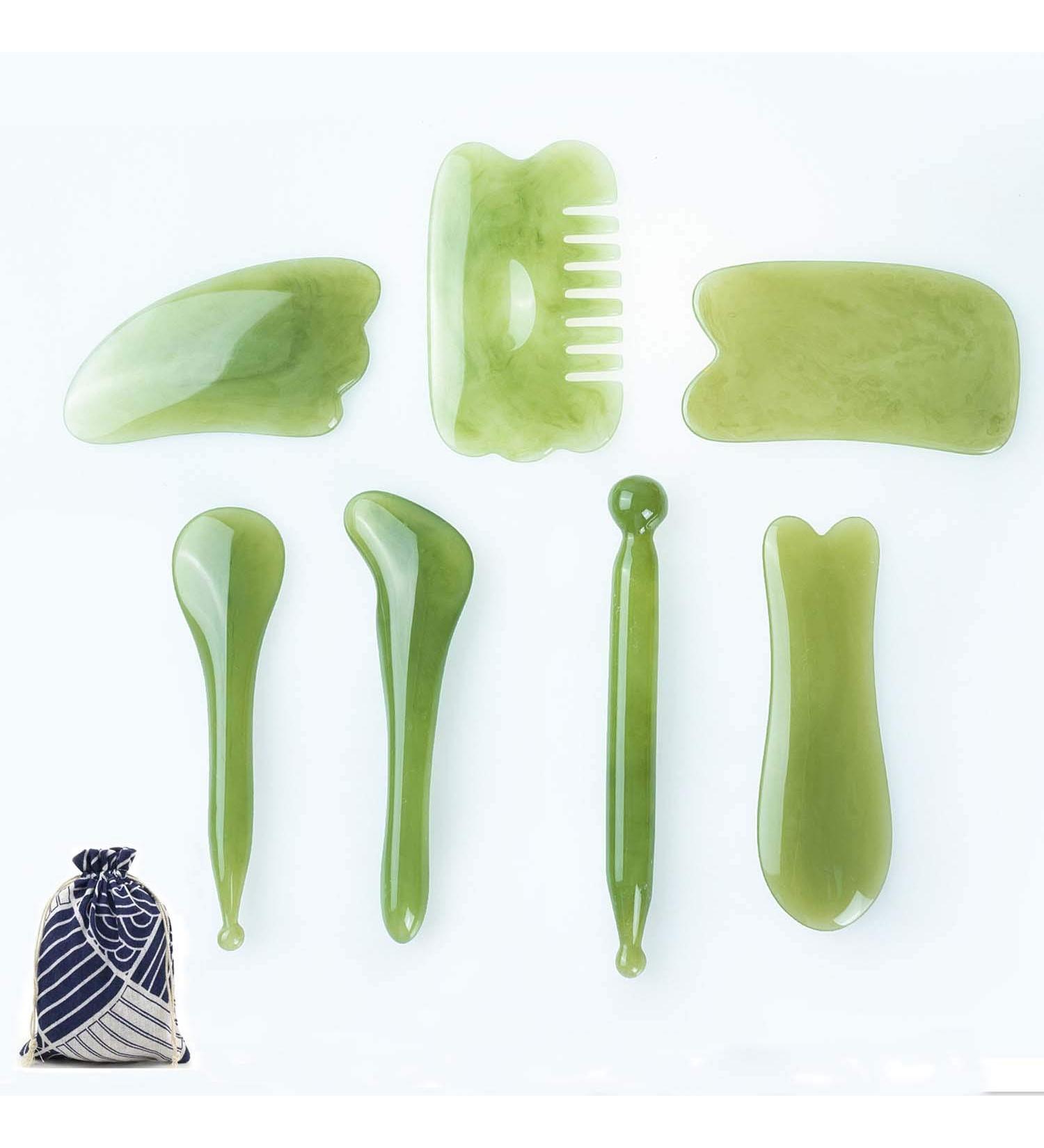 7-Piece Natural Resin Gua Sha Scraping Massage Tool Set for Face, Back, and Neck - Green - Buy Online on GoSupps.com