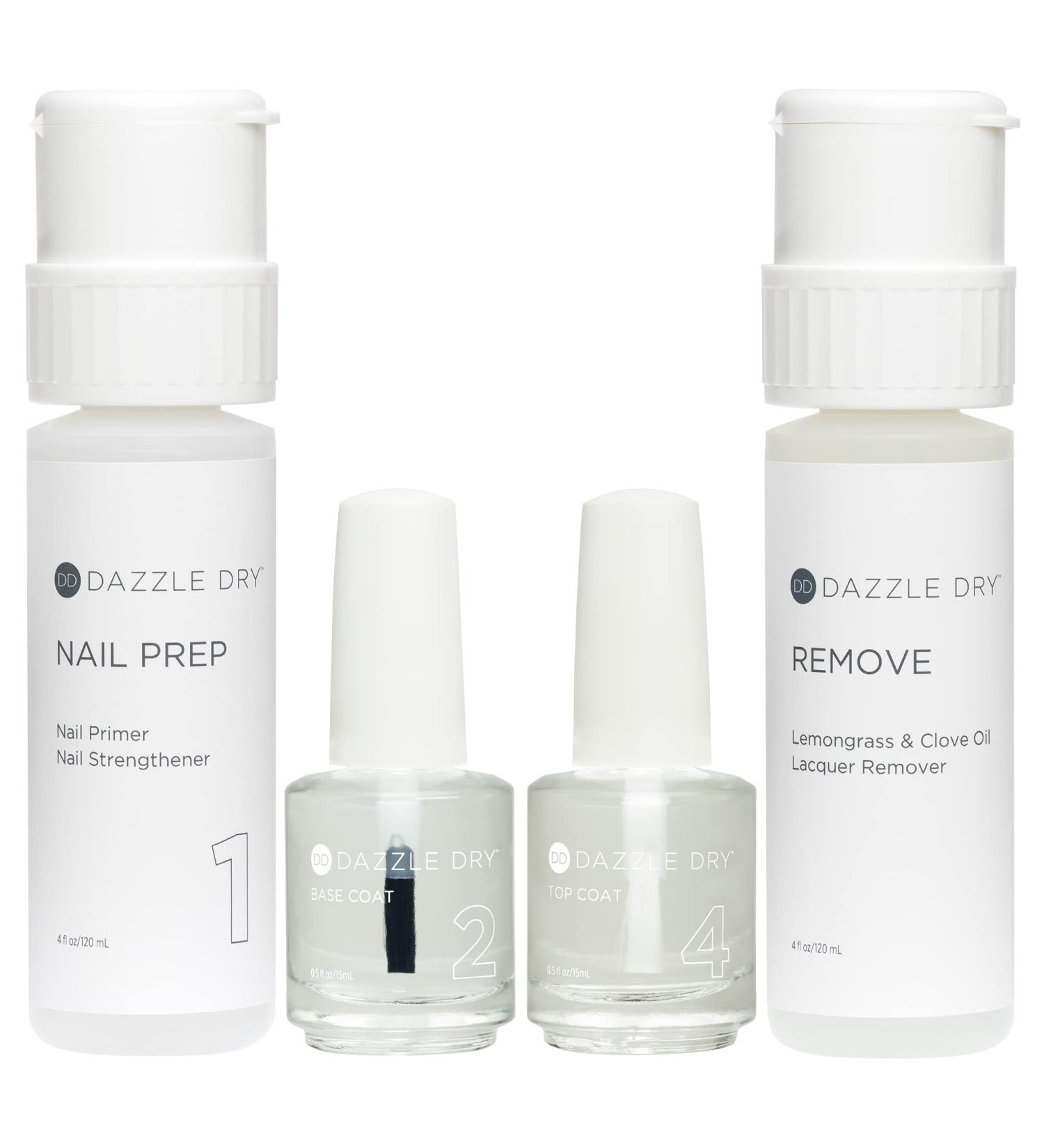 Dazzle Dry Nail Prep, Base Coat, Top Coat & Acetone Remover Set - Lemongrass & Clove Oil - 4 oz & 0.5 oz / 120 mL & 15 mL - Buy Online on GoSupps.com