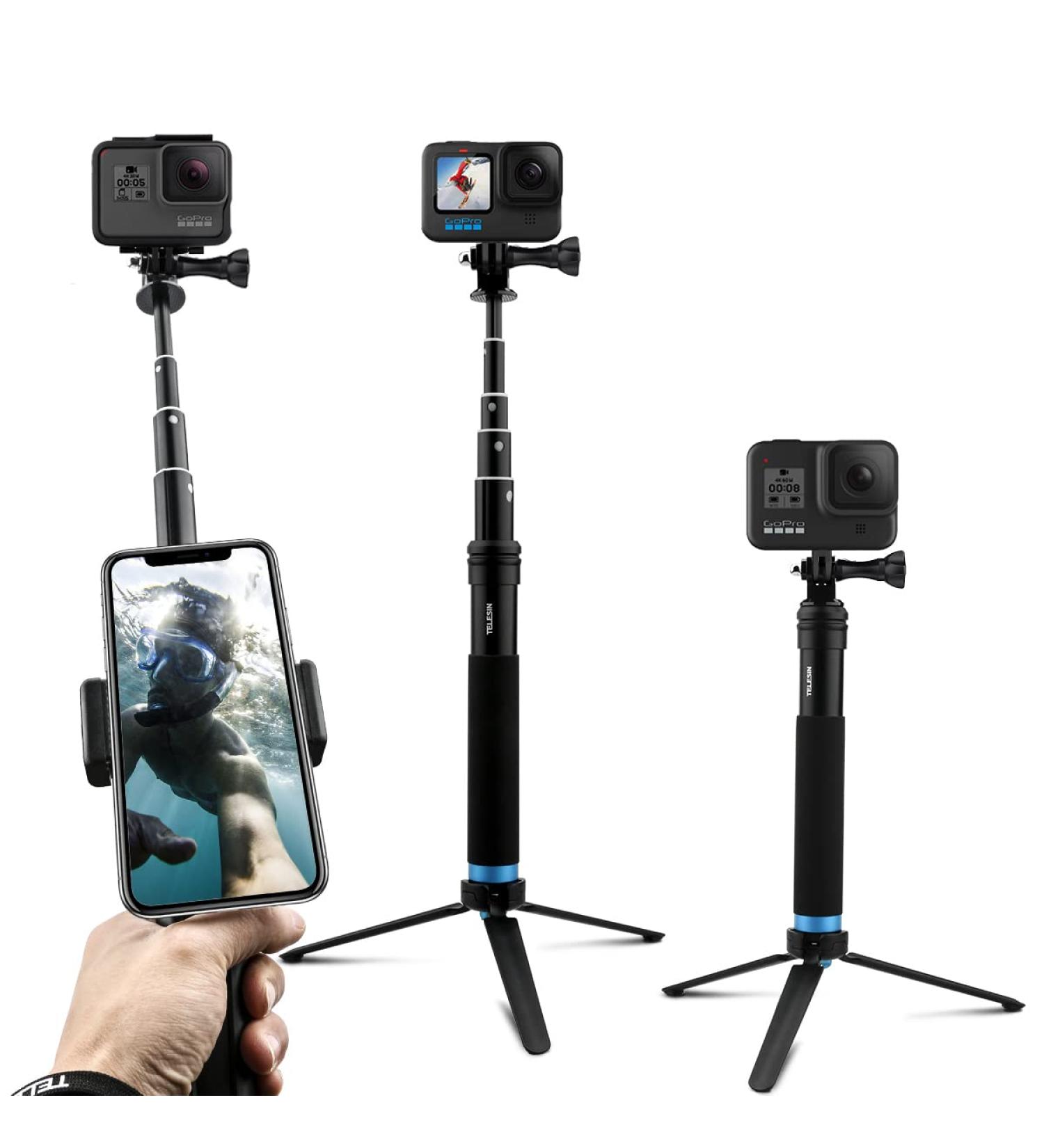 AFAITH Aluminum Alloy Selfie Stick for GoPro, Insta360, DJI OSMO Action - Waterproof Handheld Monopod with Stable Tripod - Buy Online on GoSupps.com