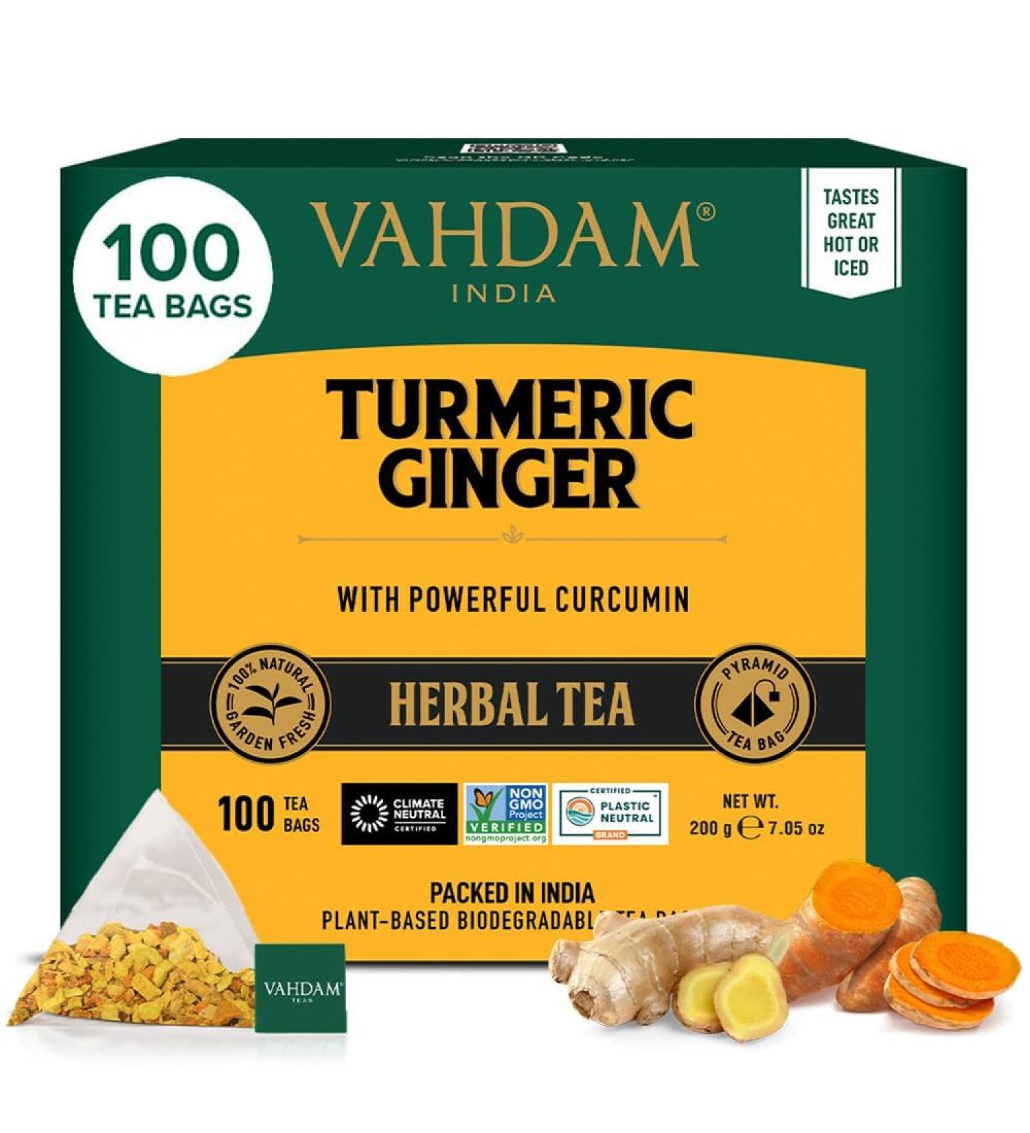 Buy Vahdam Turmeric Ginger Herbal Tea Bags (100) - Caffeine-Free Curcuma & Fresh Spices Made in India - Perfect for Hot Iced & Kombucha Tea - Buy Online on GoSupps.com