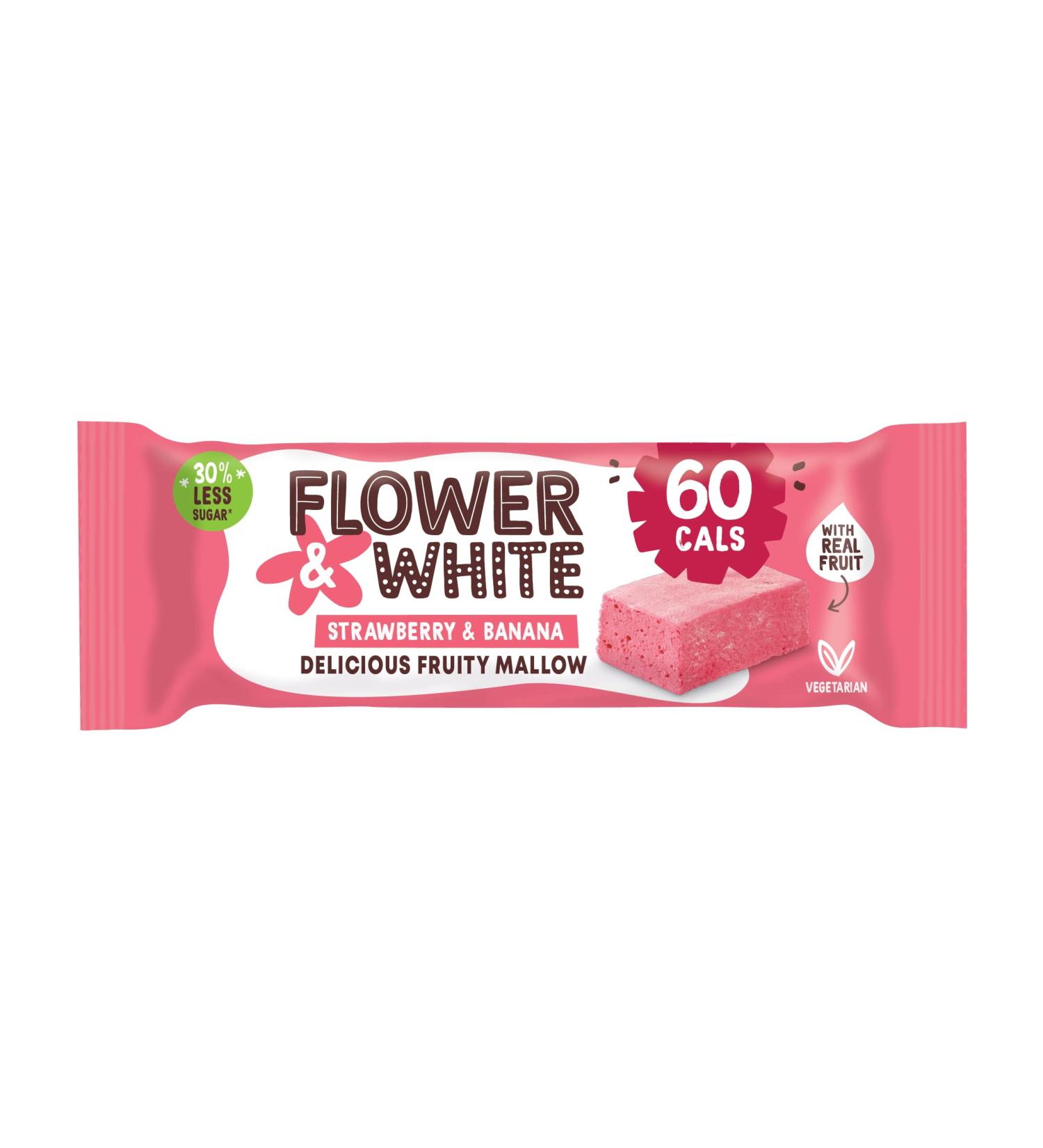 Flower & White Strawberry & Banana Fruit Fruity Mallow Bars Low Calorie 59 Calories Per Bar Made With Real Fruit Vegetarian Gluten-Free 30% Less Sugar High In Fibre Low In Fat 15 x 35g - Buy Online on GoSupps.com