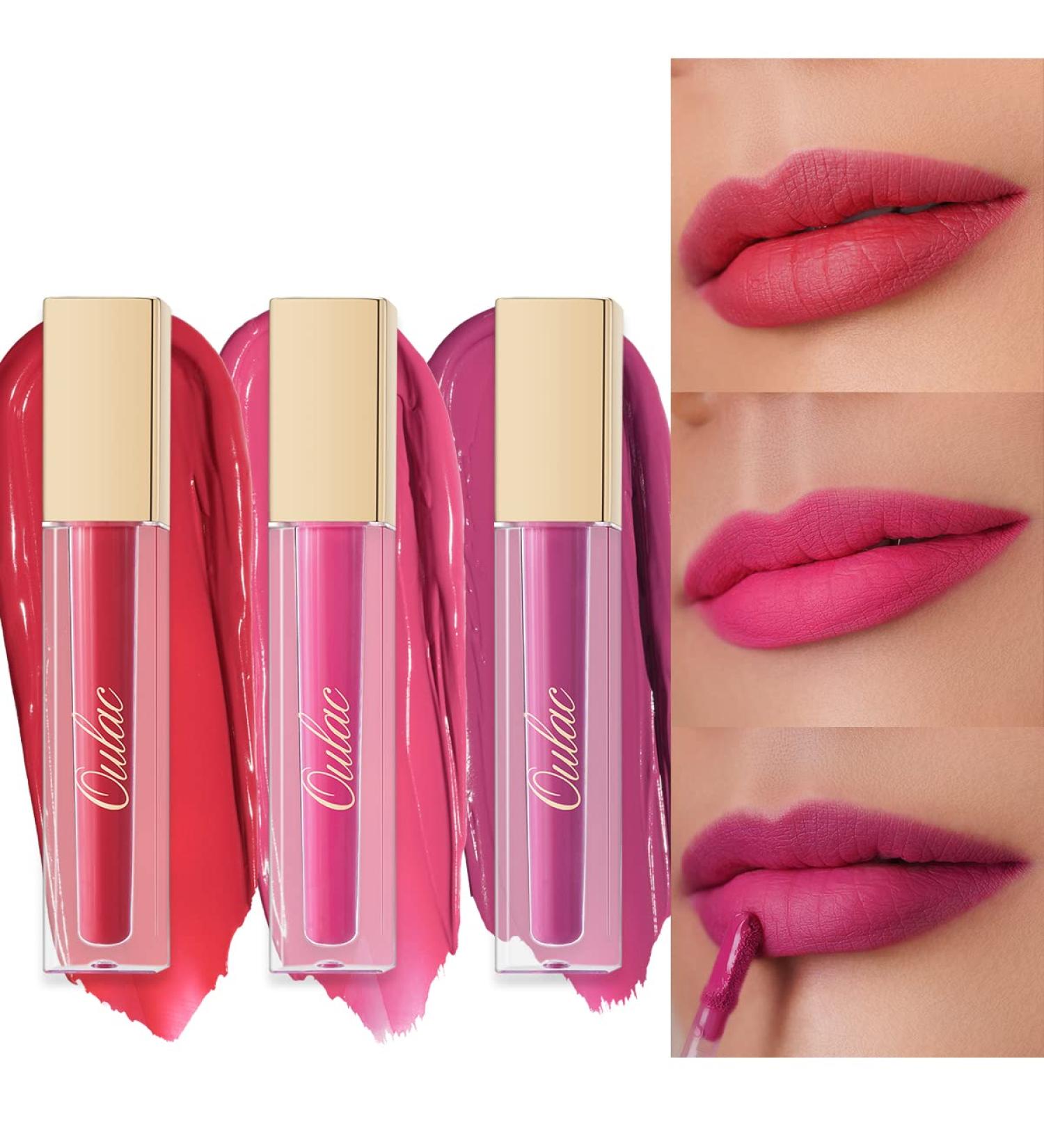 Oulac Matte Liquid Lipsticks - Long Lasting Lip Tint 3PCS Set | Waterproof, Vitamin E, Rose Oil | High Pigment Color | Gluten Free & Vegan - Buy Online on GoSupps.com