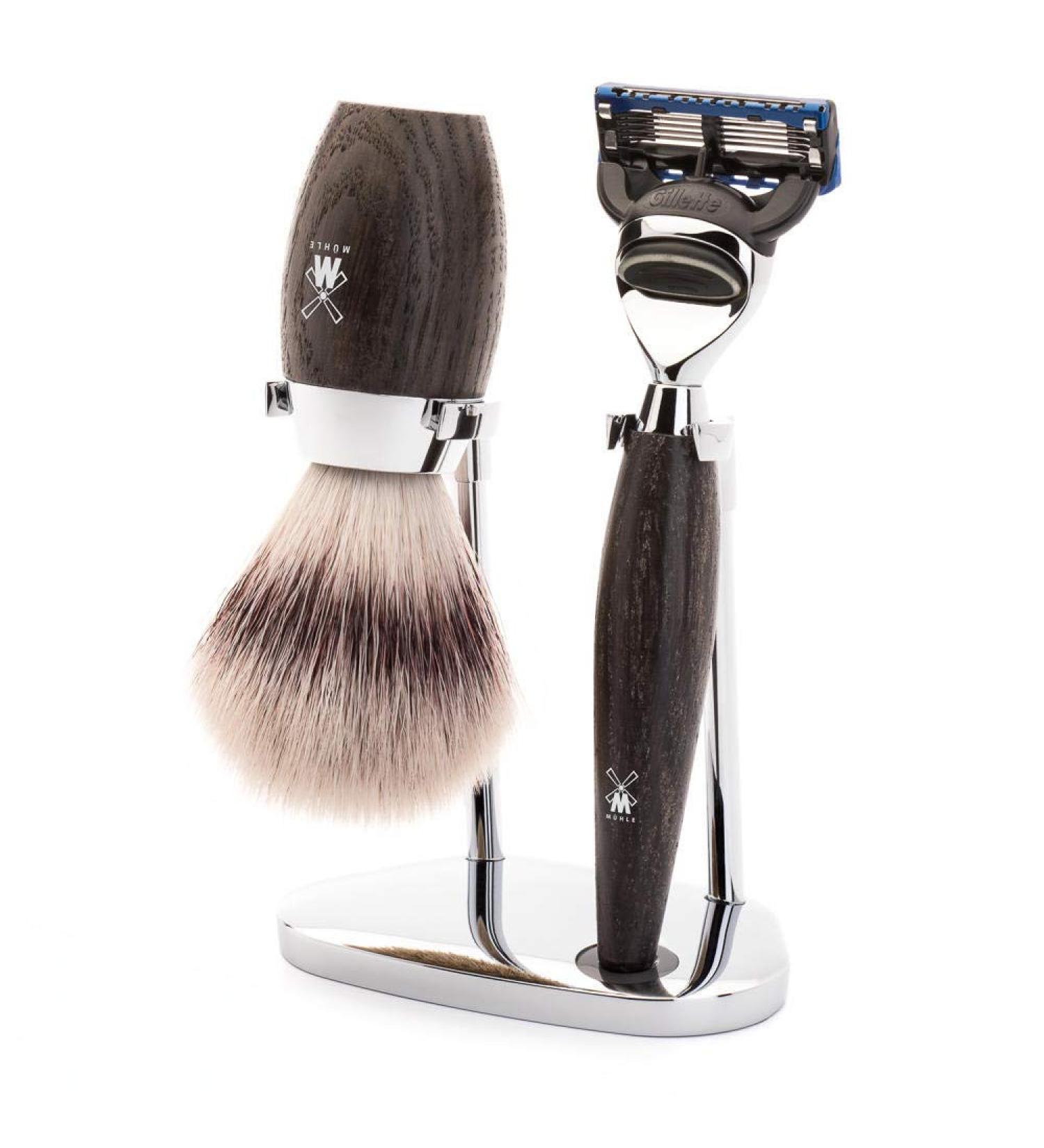 M HLE shaving set - Kosmo series - Silvertip Fibre - compatible with Gillette blades - bog oak