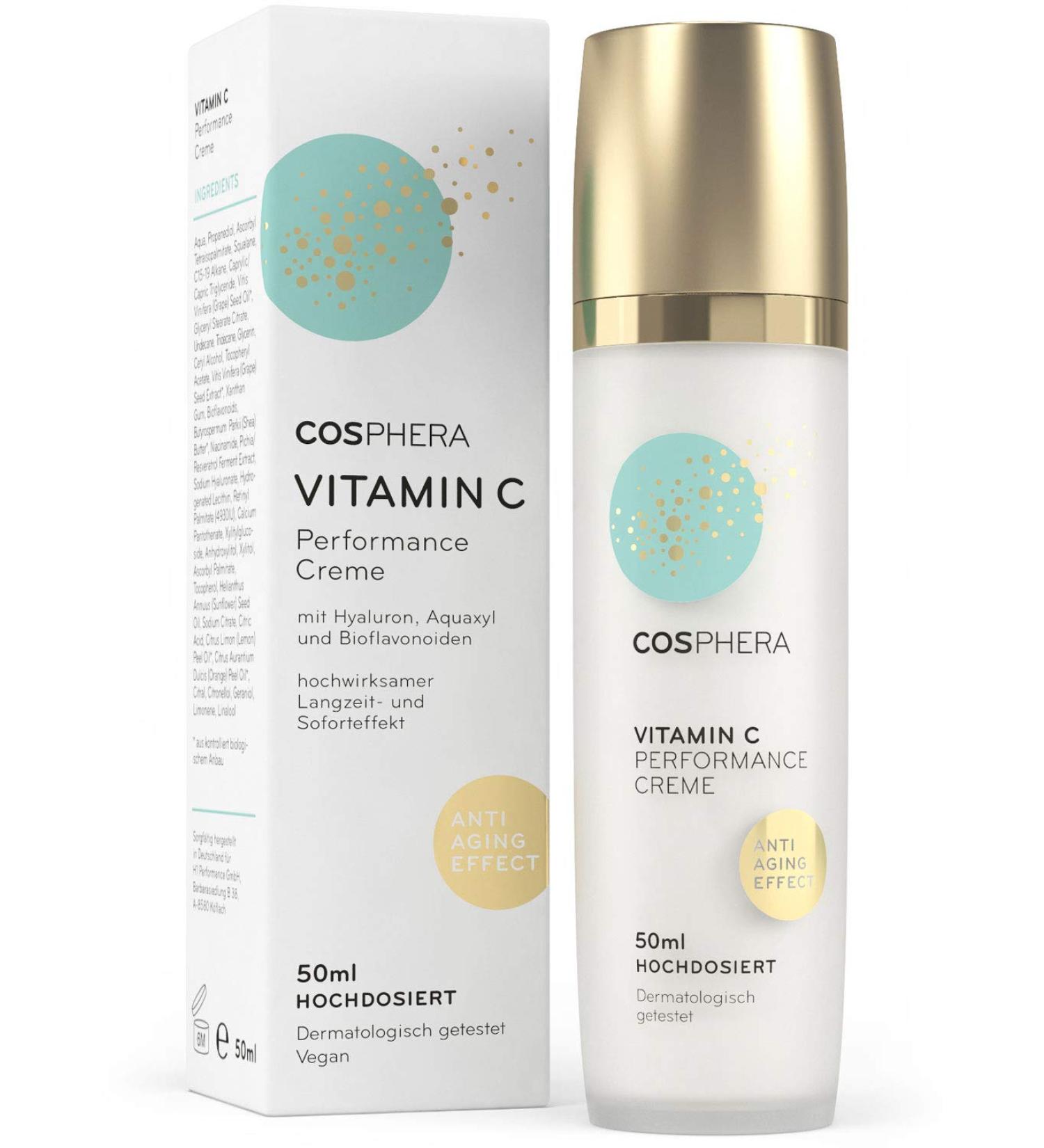  Cosphera Cosphera - Vitamin C Performance Cream 50ml - With Hyaluronic Acid - High-Concentration Vegan Day and Night Cream for Face Neck and Eyes - Moisturizing Treatment - Buy Online on GoSupps.com