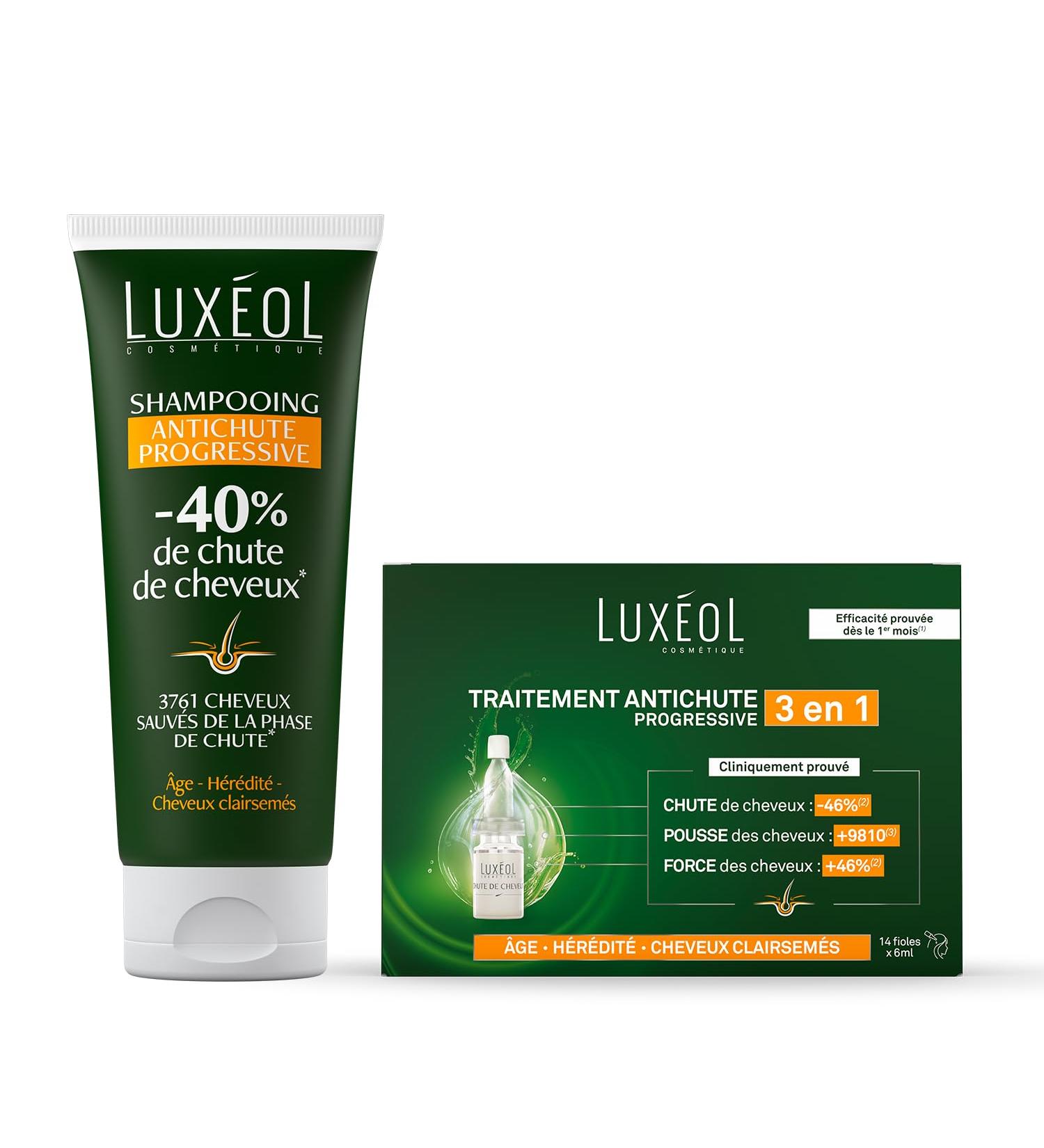 LUXEOL - Routine Chute Progressive - Chute des Cheveux - Traitement Antichute Progressive 3 en 1 (14 x 7 ml) + Shampooing Antichute Progressive (200 ml) - Buy Online on GoSupps.com