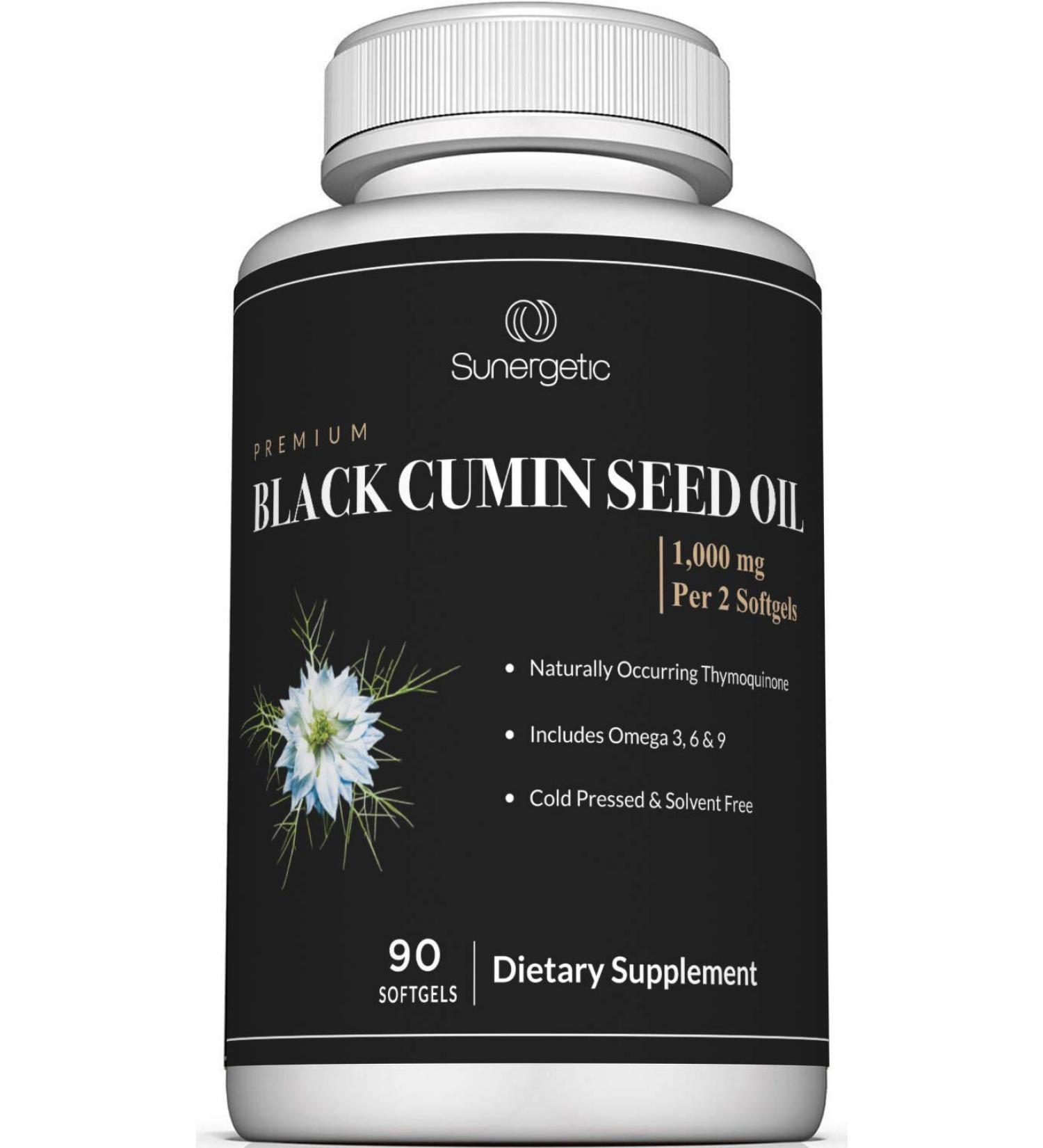 Sunergetic Premium Black Cumin Seed Oil Softgels - 1000mg  90 Count | High Potency Black Seed Oil - Buy Online on GoSupps.com