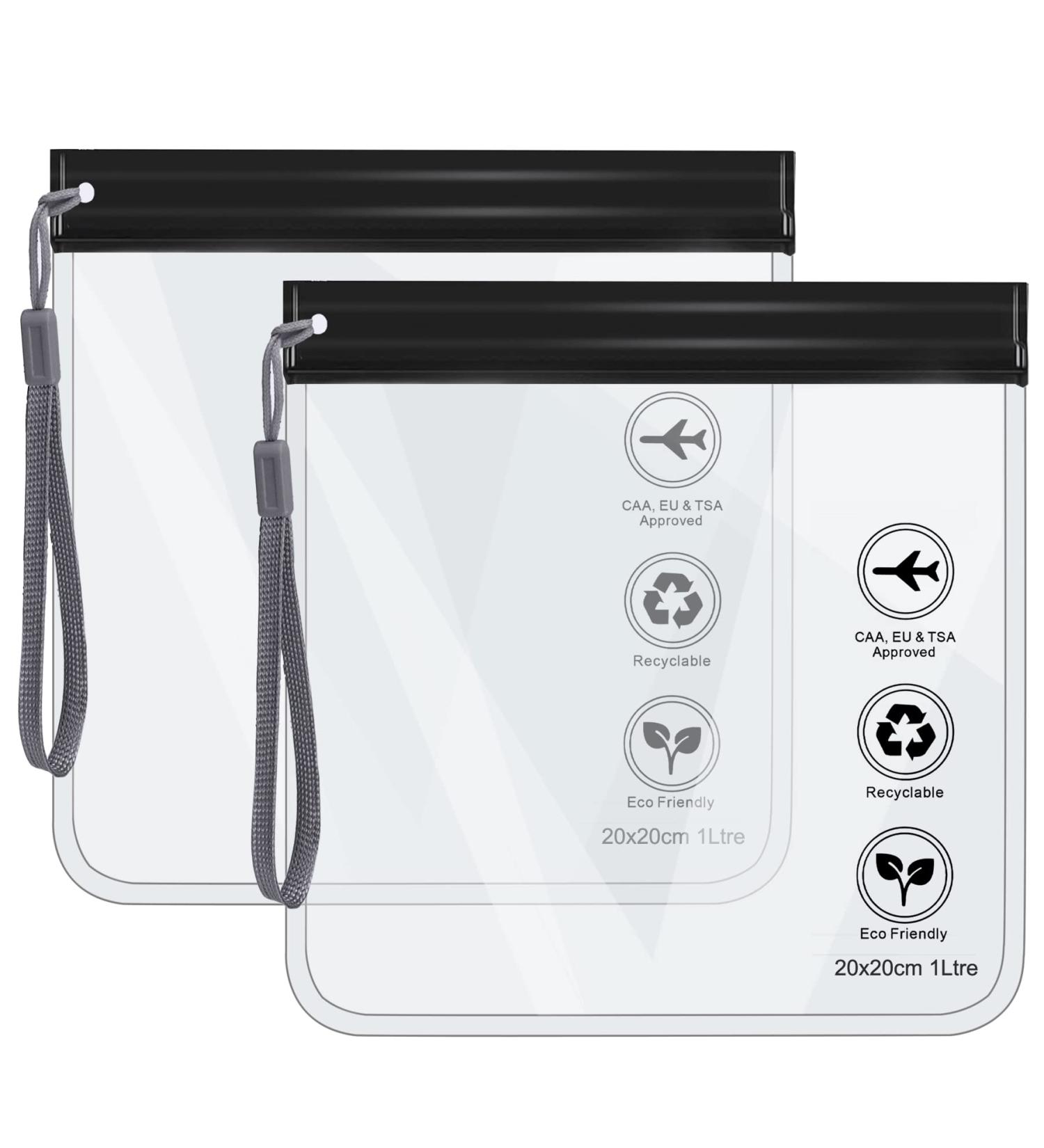 Clear Travel Toiletry Bag - TSA Approved Liquids Pouch (2pcs) for Airport Security | 20 x 20cm Makeup Bag for Men and Women | Holiday Luggage Essentials - Black - Buy Online on GoSupps.com