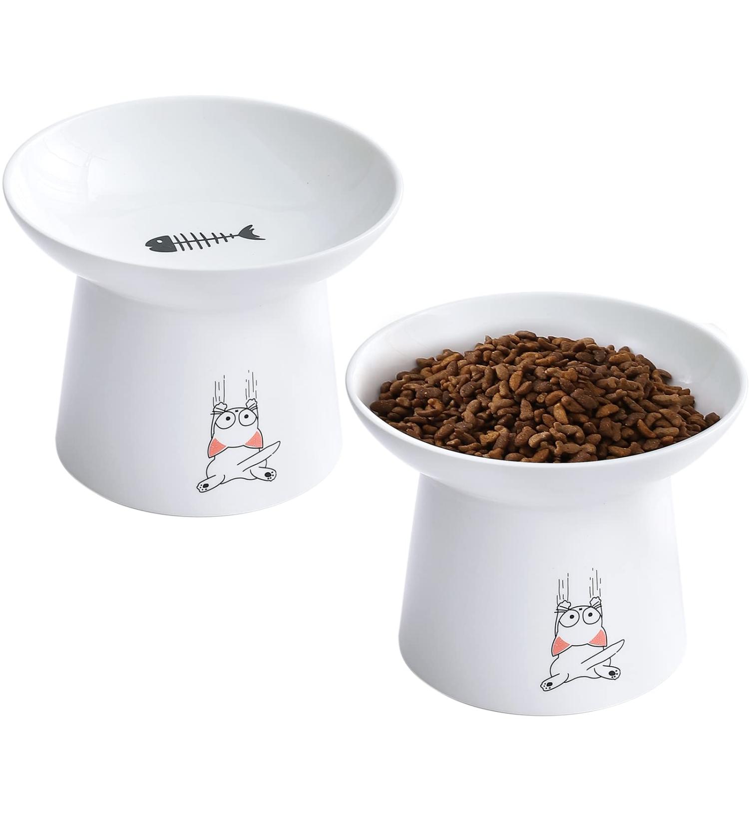 Extra Wide Ceramic Raised Cat Bowls - Set of 2 White - Elevated Porcelain Pet Food and Water Dishes for Big Cats and Small Dogs - Buy Online on GoSupps.com