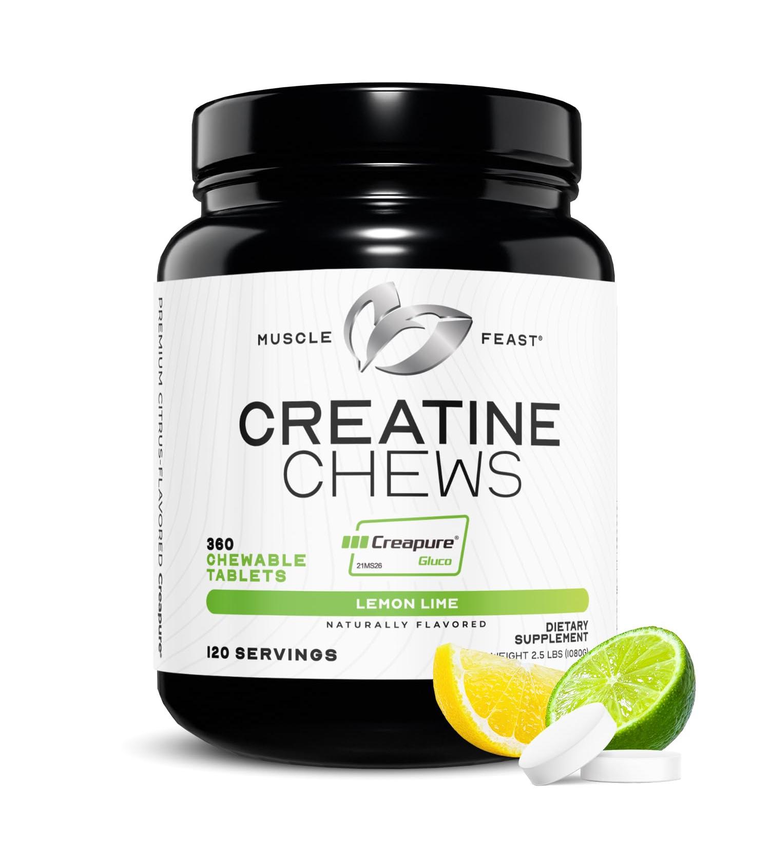 Muscle Feast Creatine Monohydrate Chewables - Vegan & Gluten-Free Creapure Creatine Chews for Men & Women - Delicious Citrus-Flavored Creatine Tablets for Muscle Building - Lemon Lime 360 Tabs Lemon Lime 1080 Gram - Buy Online on GoSupps.com