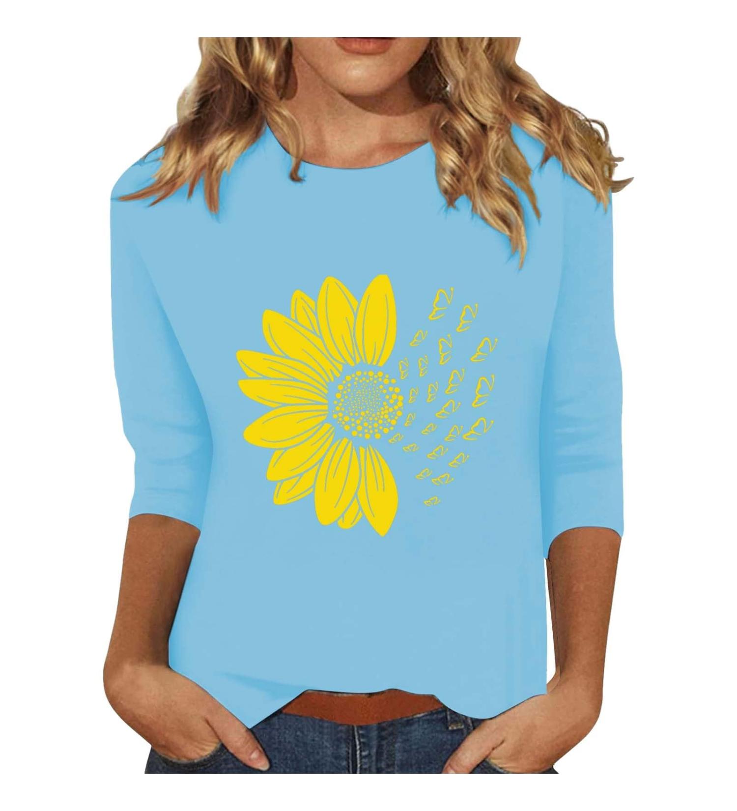 Shop Stylish Bijerou Sunflower Print 3/4 Sleeve Hoodies for Women - Casual Sky Blue XL Overheaters - Buy Online on GoSupps.com