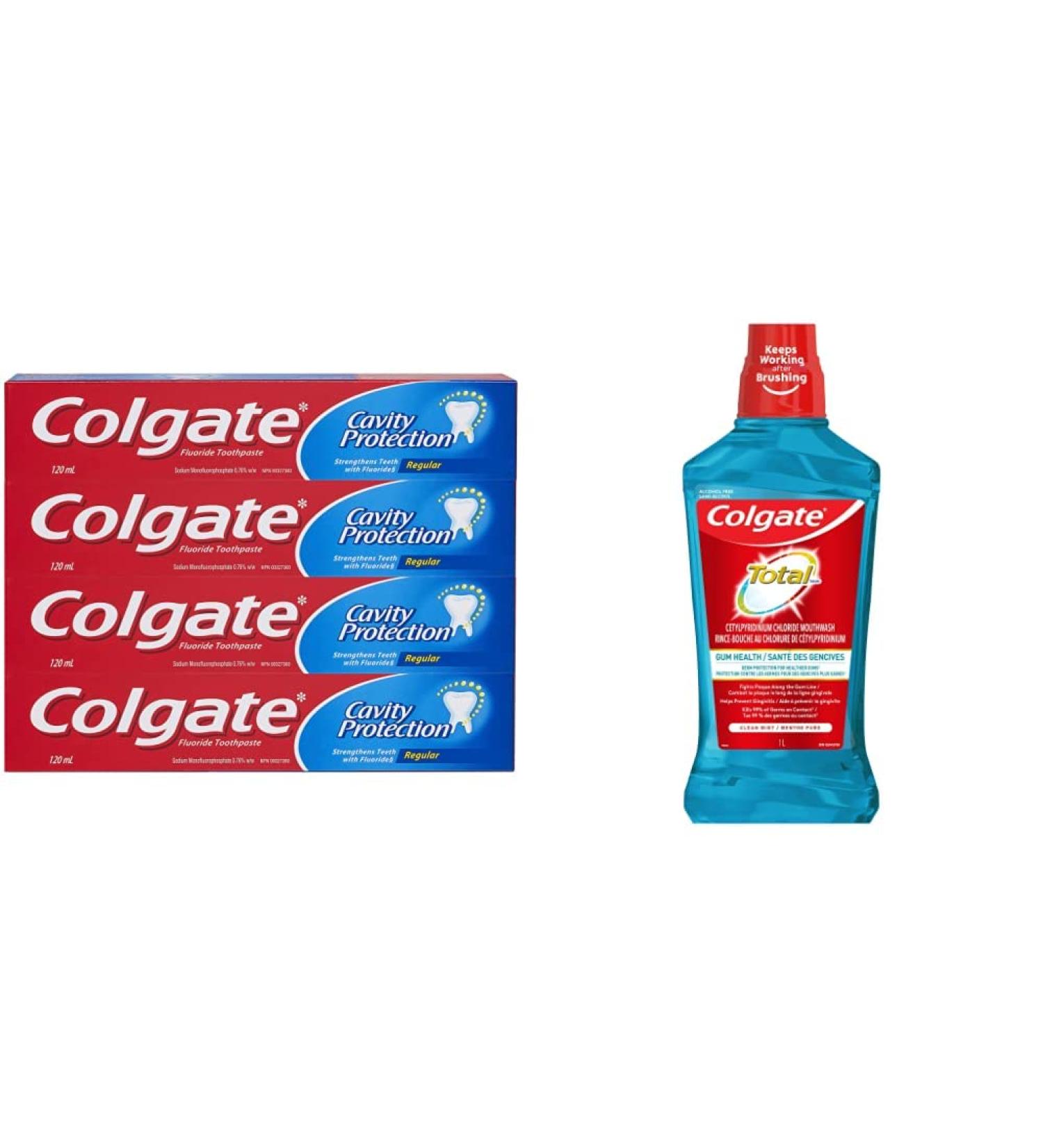 Colgate Cavity Protection Whitening Fluoride Toothpaste (4 Pack) + Total CPC Mouthwash (1L) | Oral Care Bundle Toothpaste + Mouthwash - Buy Online on GoSupps.com