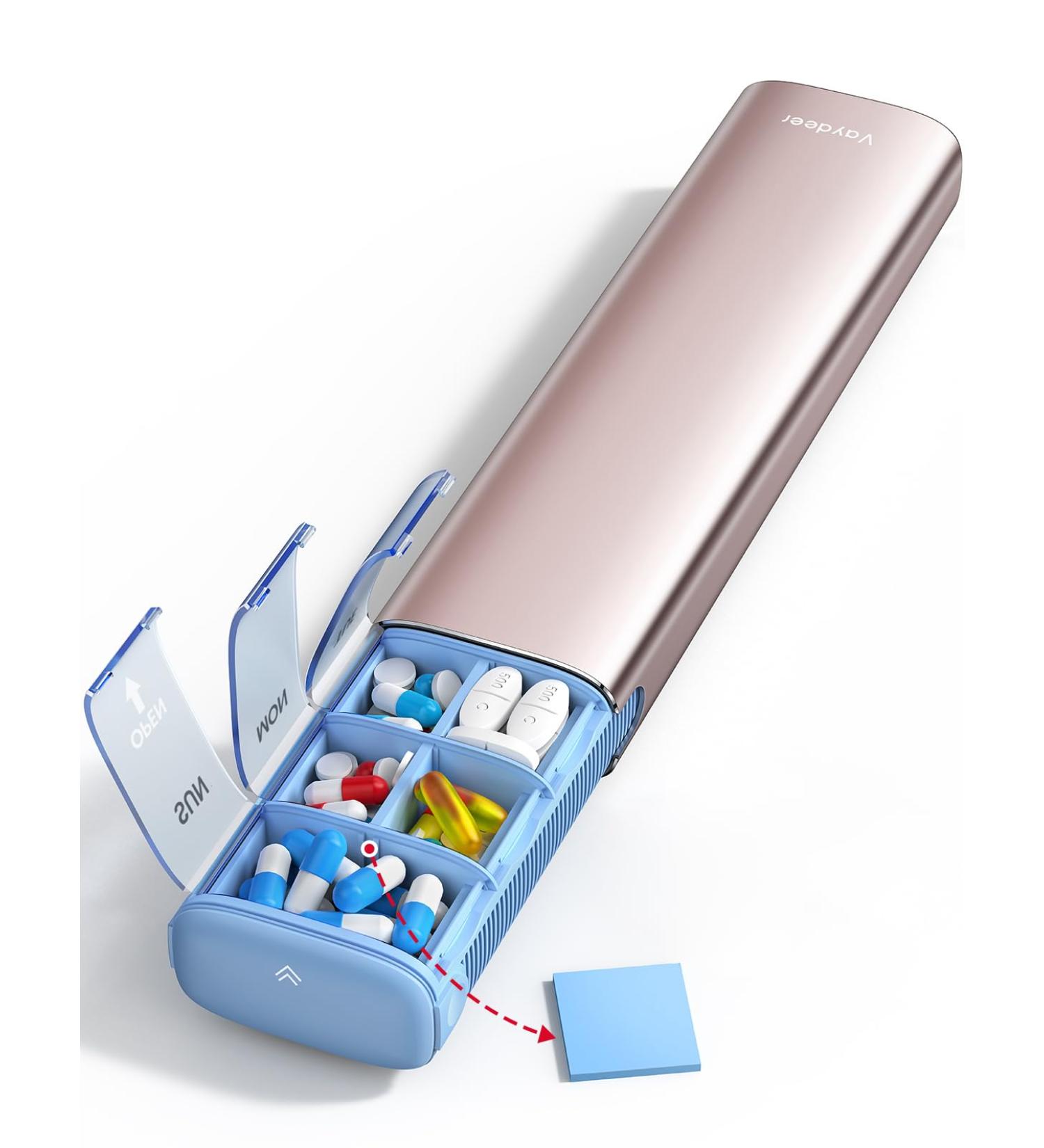Vaydeer Rose Gold Travel Pill Organizer - 7 Day Weekly Pill Box for Vitamins & Meds - Large Capacity 2x Daily Use - Buy Online on GoSupps.com