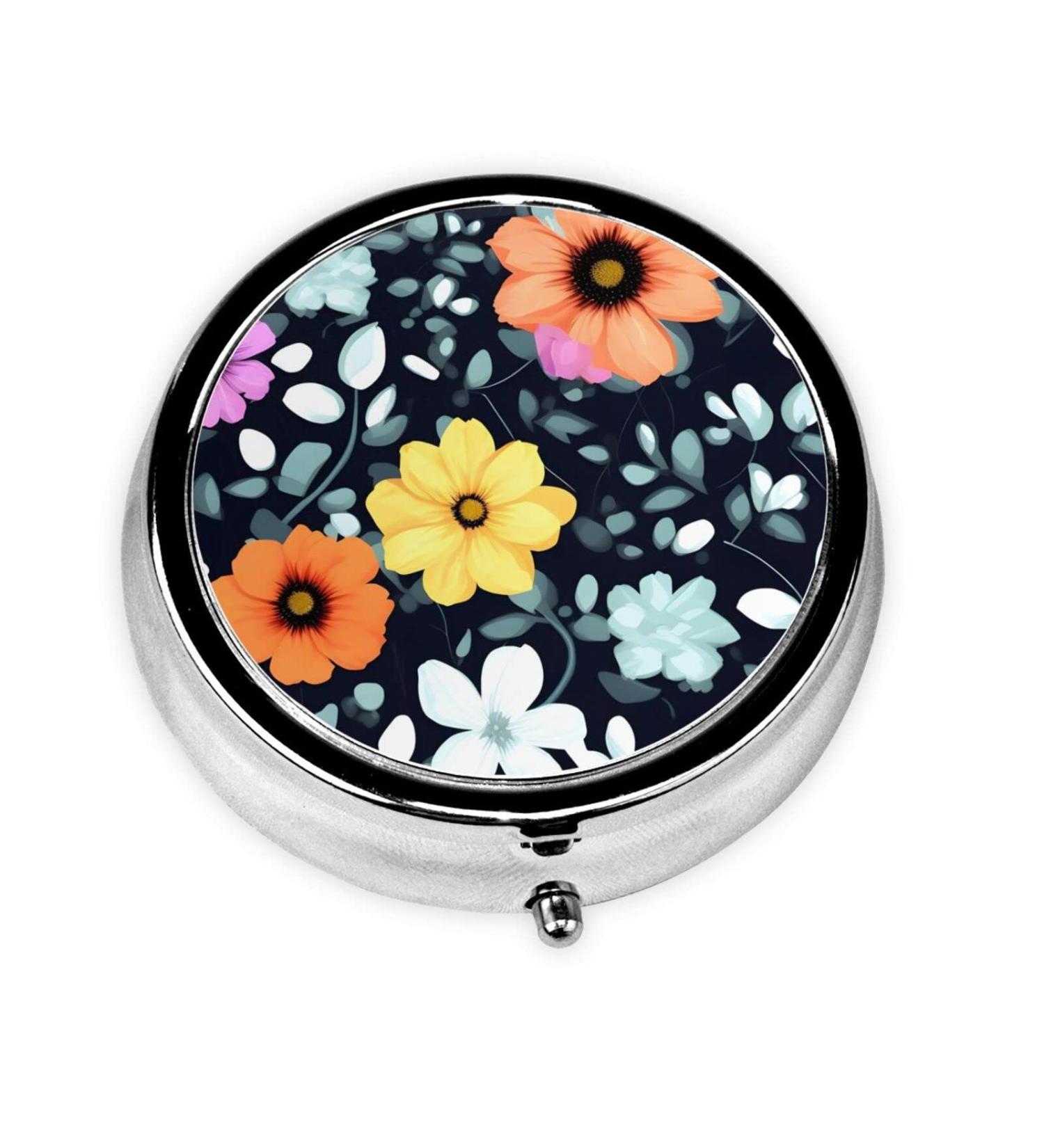 Beautiful Colourful Flowers Round Pill Box | 3-Compartment Portable Organizer for Travel & Purse - Buy Online on GoSupps.com