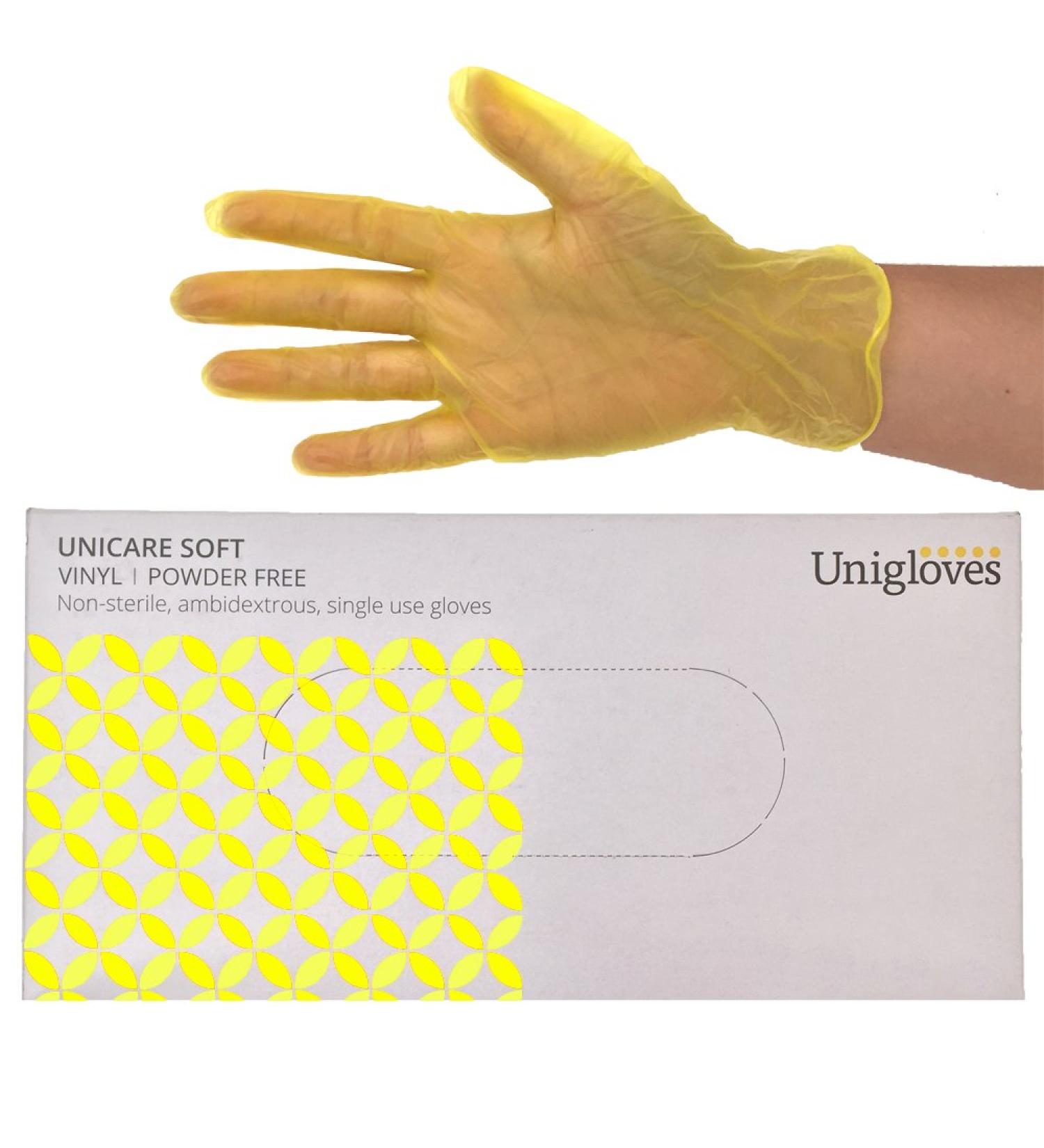 Unigloves Unicare Vinyl Disposable Gloves - Multipurpose Powder and Latex Free Examination Gloves - Box of 100 Gloves Yellow Small (GS0102) Yellow S