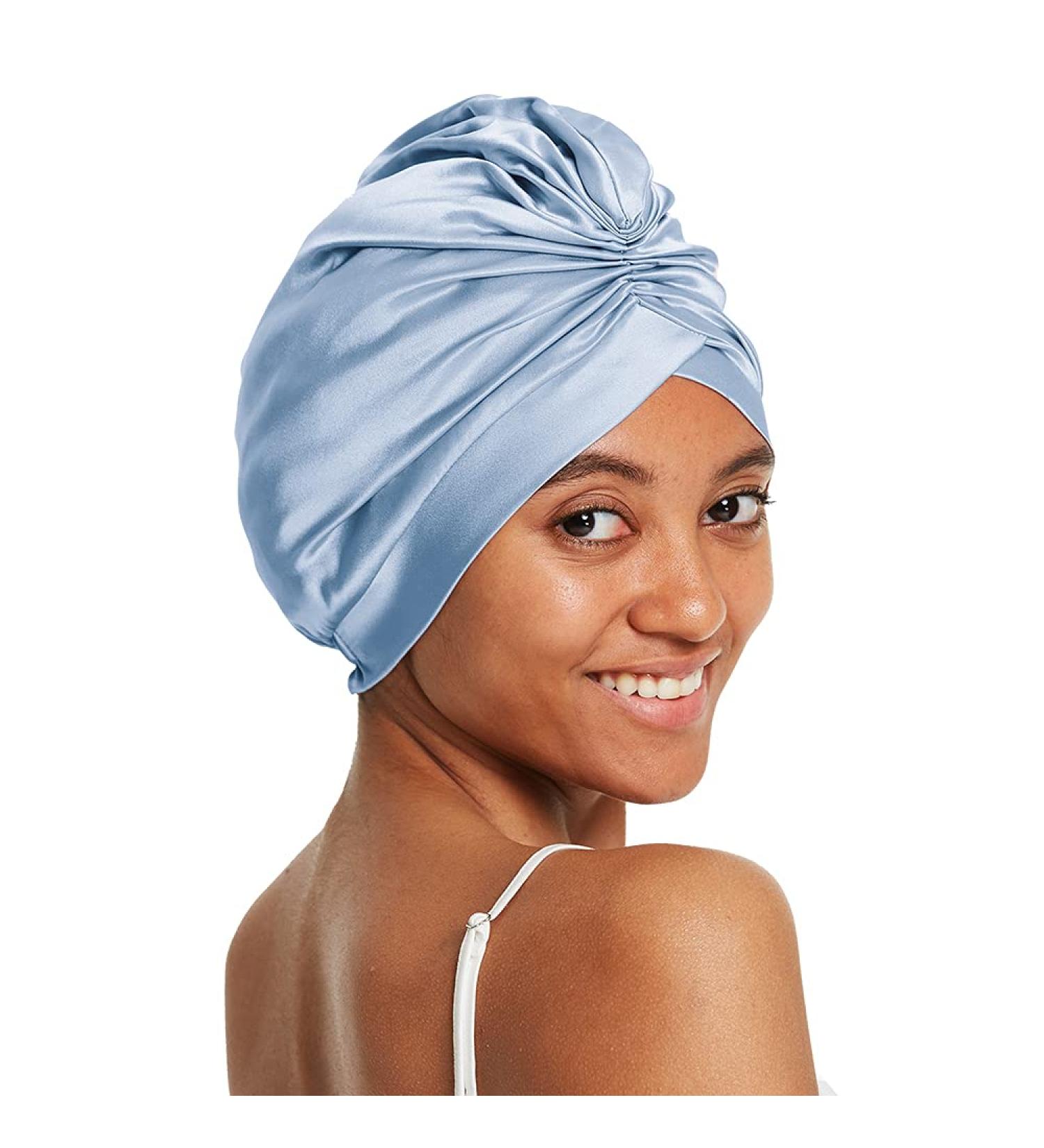 Lilysilk 100% Mulberry Silk Sleeping Cap for Curly Hair | 19 Momme Silk Bonnet Night Hat | Women's Hair Wrap with Elastic Band - Light Blue - Buy Online on GoSupps.com
