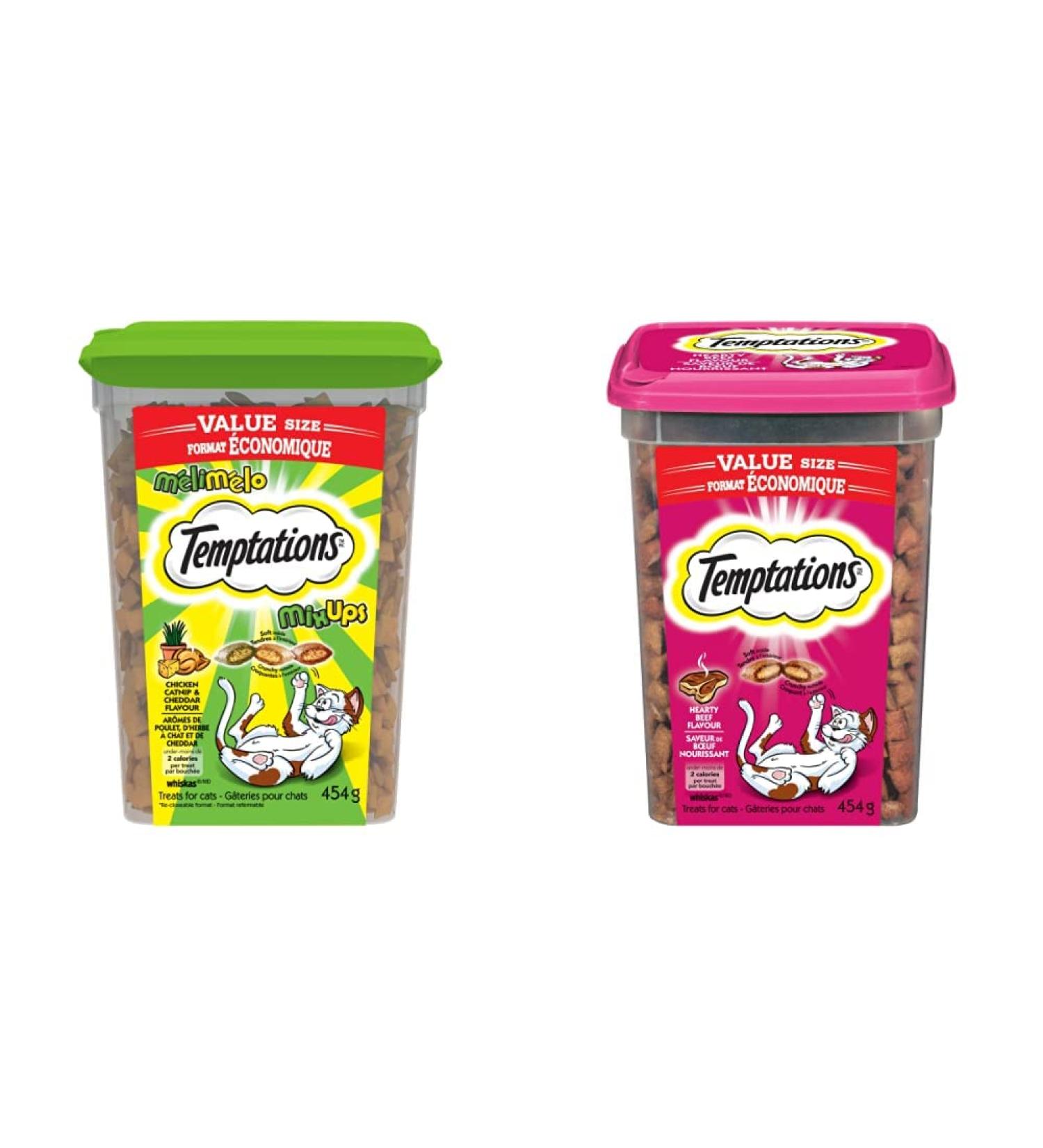 TEMPTATIONS Mix-Ups Adult Cat Treats (Chicken Catnip & Cheddar Flavour) + TEMPTATIONS Adult Cat Treats (Hearty Beef Flavour) 454g Tubs