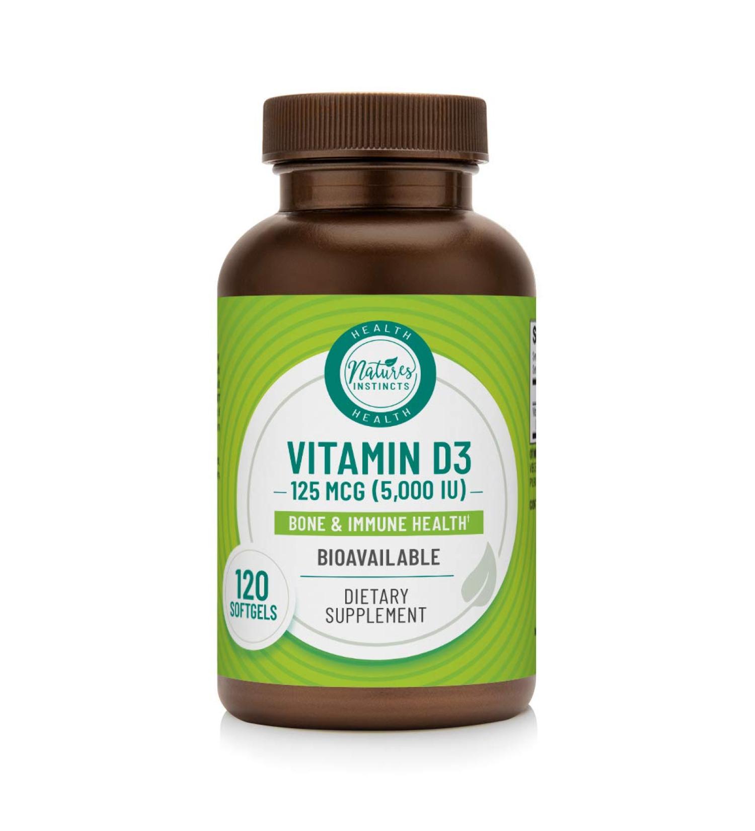 Natures Instincts Vitamin D3 125 MCG (5000 IU) Softgels - 120 Count | Bone & Immune Health Support | Bioavailable Supplement - Buy Online on GoSupps.com