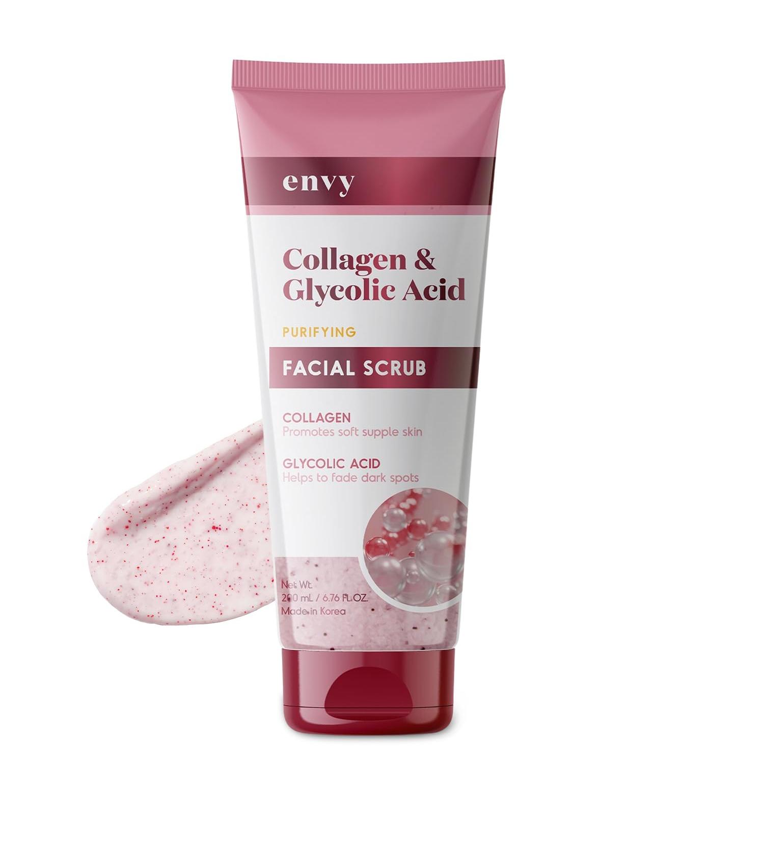 Envy Collagen & Glycolic Acid Face Scrub - Anti-Aging Exfoliating Wash | Vegan Cruelty-Free Korean Skincare for All Skin Types - 200ML - Buy Online on GoSupps.com