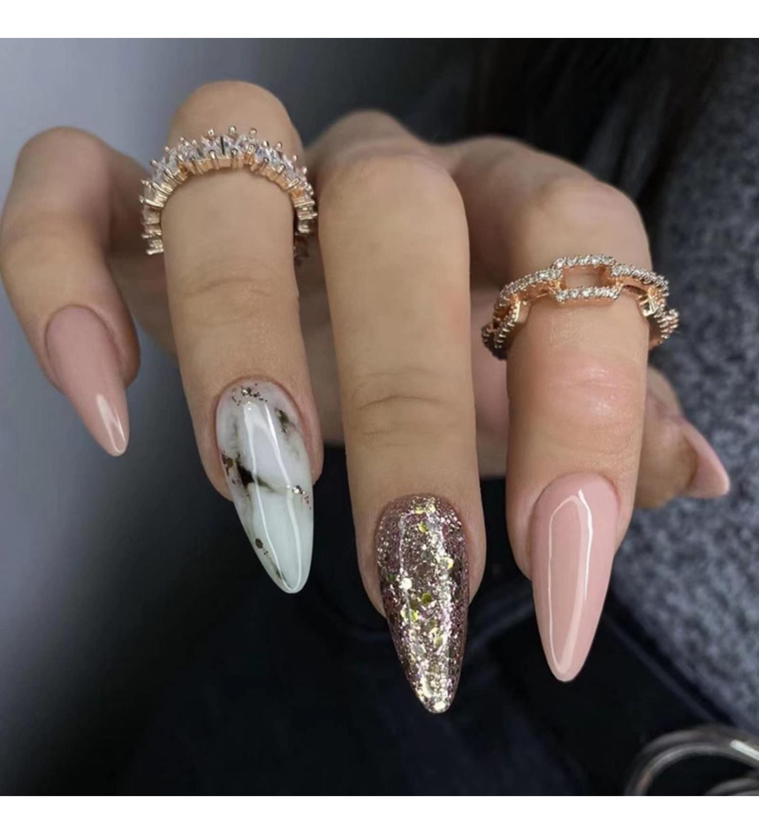 JUSTOTRY 24 Pcs Short Marble Stiletto False Nails - Nude French Glitter Press On Nails with Nail Glue - Trendy Almond Stick On Nails for Women - Buy Online on GoSupps.com
