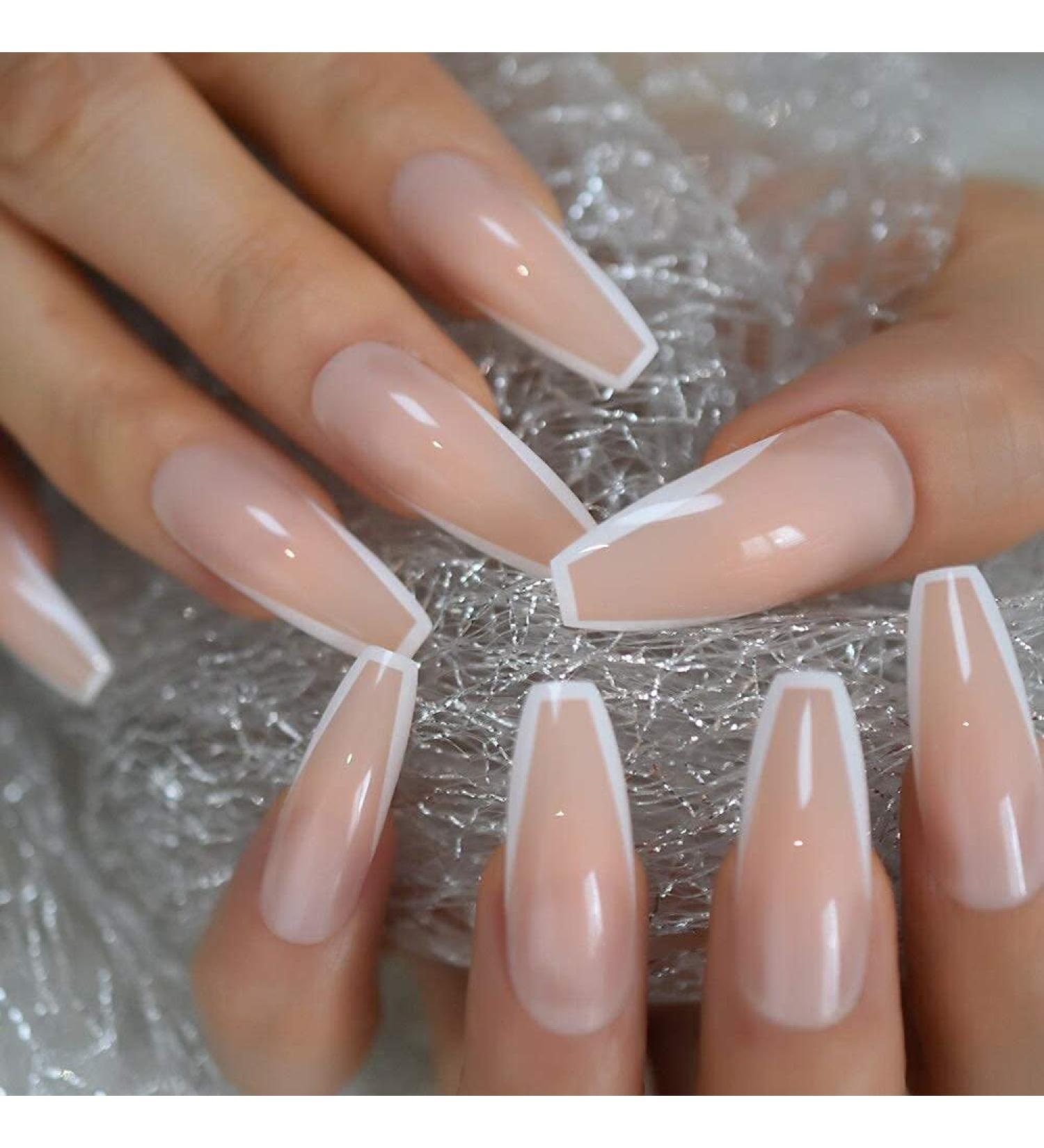 CoolNail Glossy White French Press False Nails - Extra Long Coffin Ballerina UV Gel, 24pcs with Adhesive Tapes - Buy Online on GoSupps.com