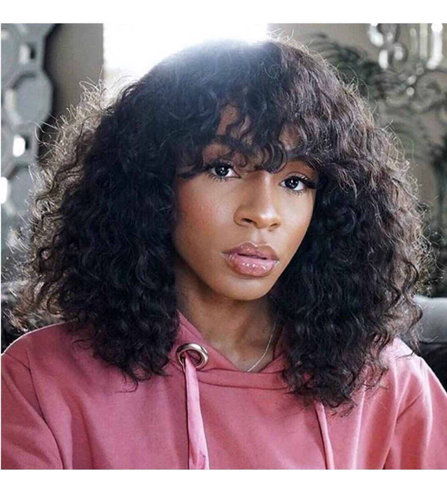 Amella Hair 10A Brazilian Virgin Curly Wig with Bangs - 16 inch Natural Black Glueless Half Machine Made Wig - Buy Online on GoSupps.com