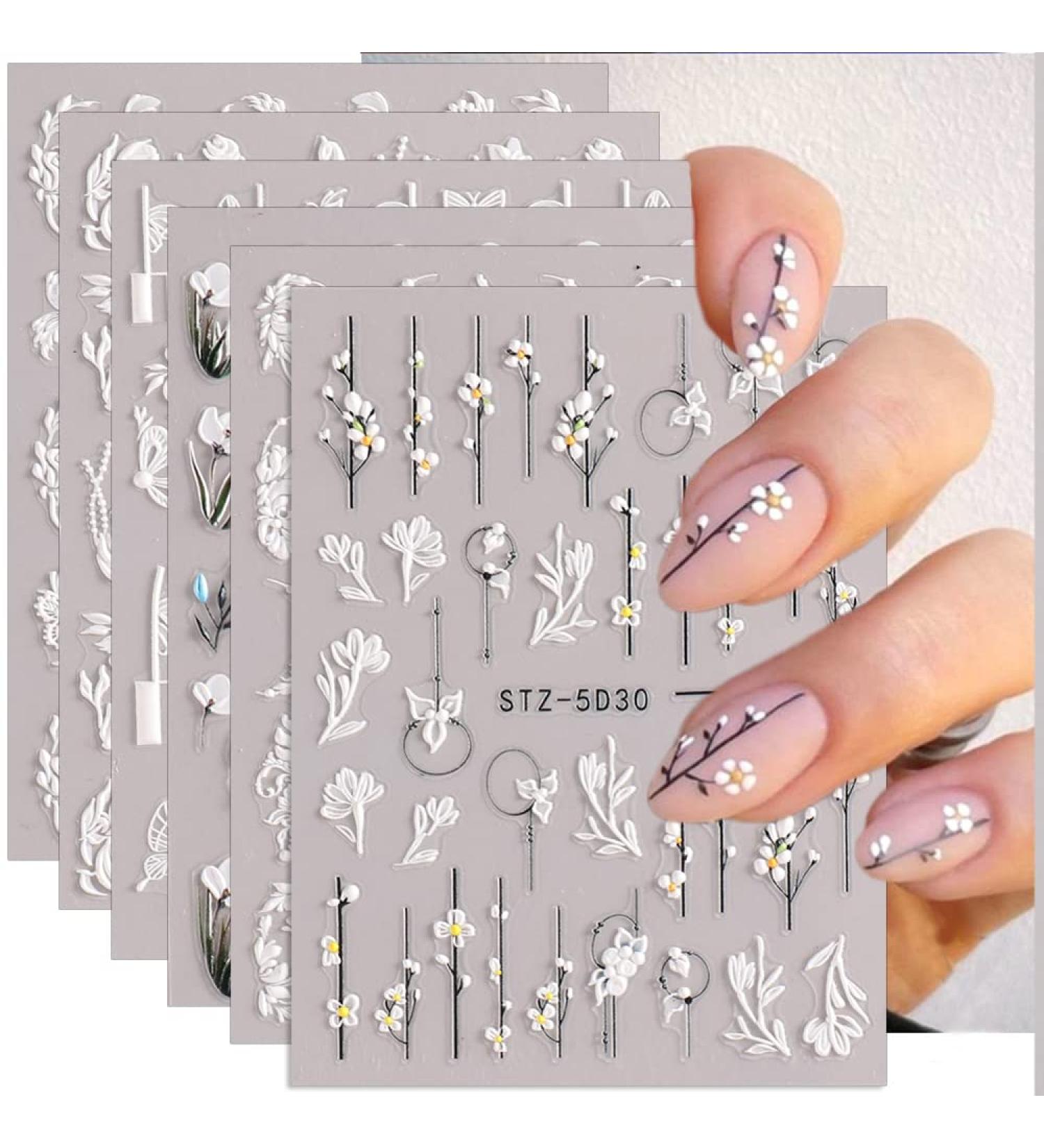 5D Embossed Flowers Nail Stickers - 6 Sheets Engraved Flower Decals for Acrylic Nails | Spring Summer Nail Art Accessories for Women - Buy Online on GoSupps.com