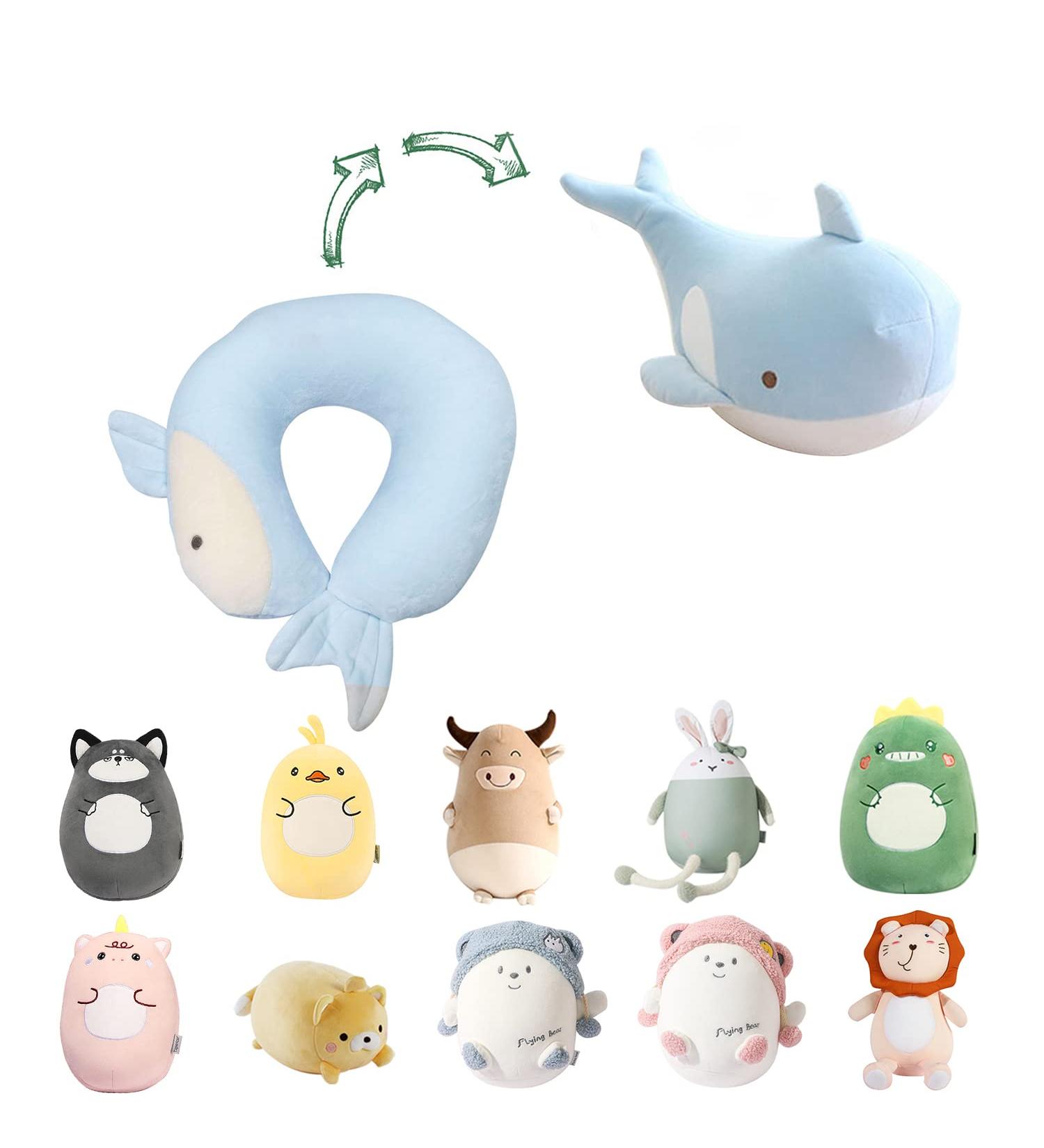 JOYRAVO Kids Travel Pillow - 2-in-1 Deformable U-Shaped Neck Pillow with Cute Plush Blue Whale Design for Comfy Sleep and Play on Airplanes, Cars, and Travel - Buy Online on GoSupps.com