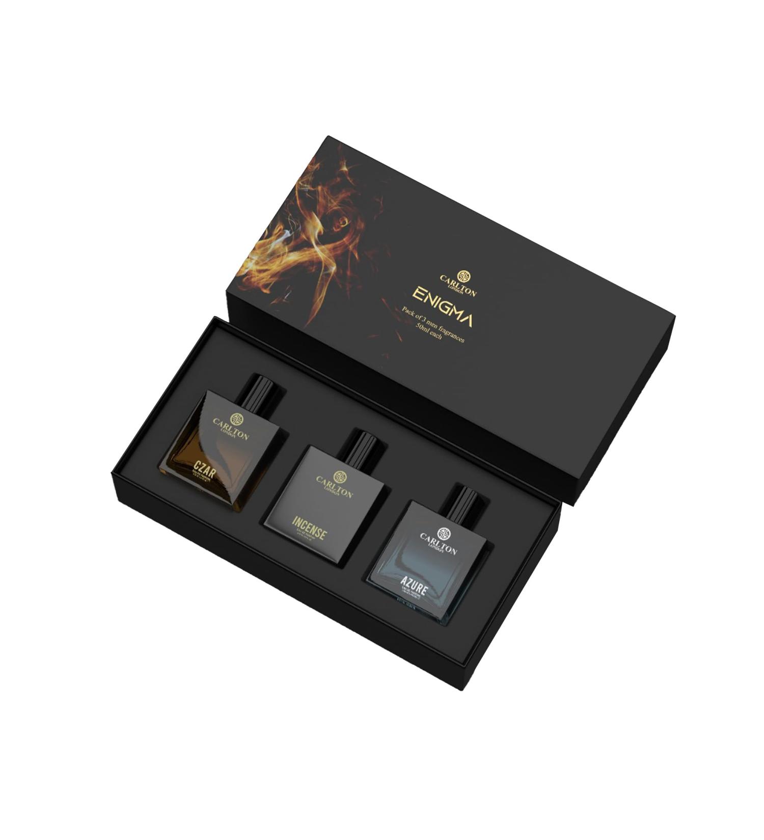 Carlt'on Lond'on Premium Enigma Liquid Perfume Gift Set For Men Long Lasting Spicy Woody & Citrusy Fragrances (Set Of 3) 50ml Each Azure Incense & Czar EDP Gift For Husband Boyfriend Dad Brother - Buy Online on GoSupps.com