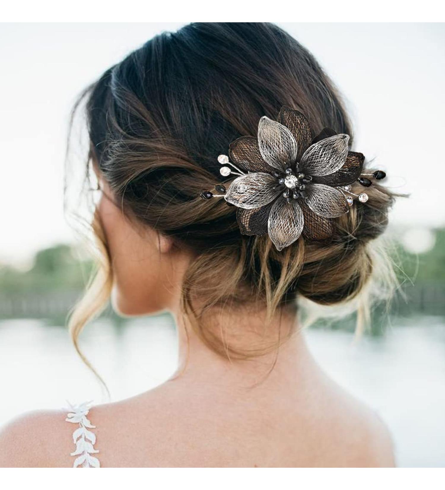 Campsis Flower Bridal Hair Barrette with Black Rhinestones - Handmade Crystal Hair Clip for Wedding, Prom, Bridesmaids - Buy Online on GoSupps.com