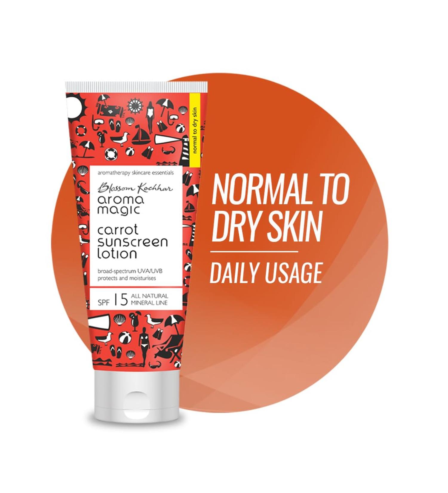Aroma Magic Carrot Sunscreen Lotion SPF 15 - Broad Spectrum UVA/UVB Protection & Non-Greasy Moisturizer for Dry Skin (100ml - Buy Online on GoSupps.com