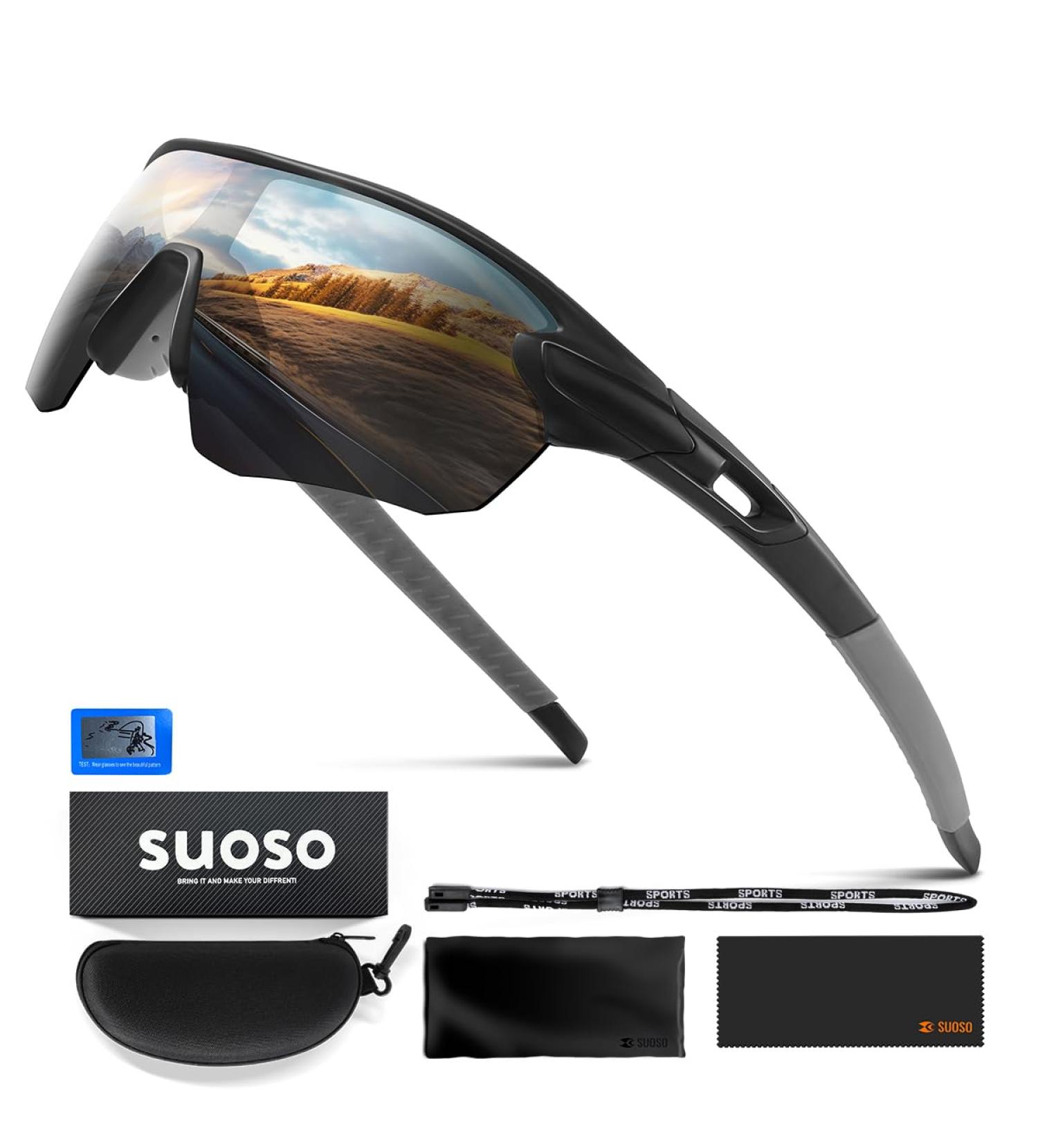 Suoso Polarized Sports Glasses for Men & Women - UV400 Protective Cycling Fishing & Skiing Sunglasses - Black/Gray MTB Racing Eyewear - Buy Online on GoSupps.com